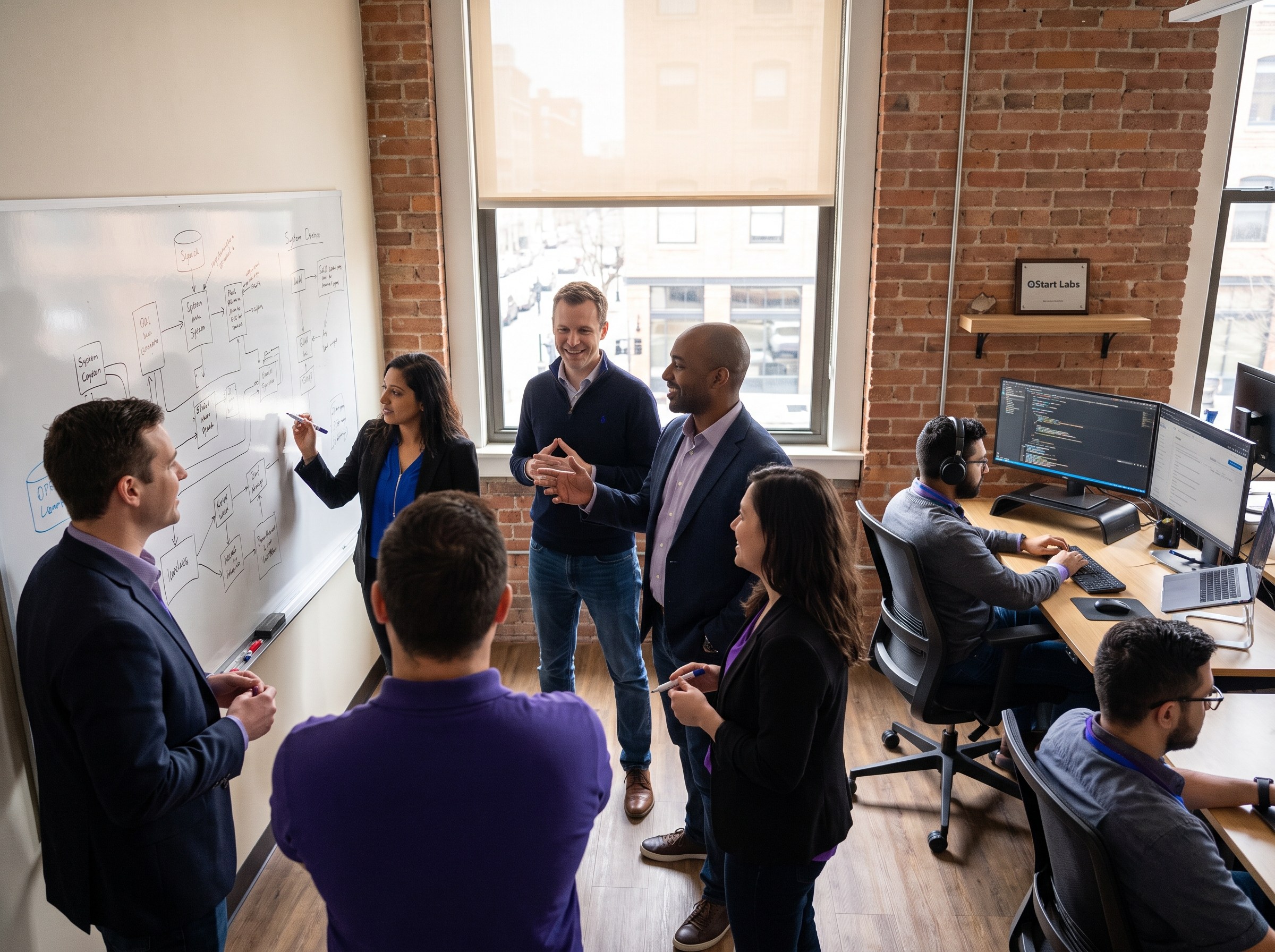 Candid documentary-style photo of the QStart Labs team collaborating — developers at a whiteboard discussing architecture while others work at computers in a modern workspace. Warm natural light, authentic teamwork, premium editorial feel.
