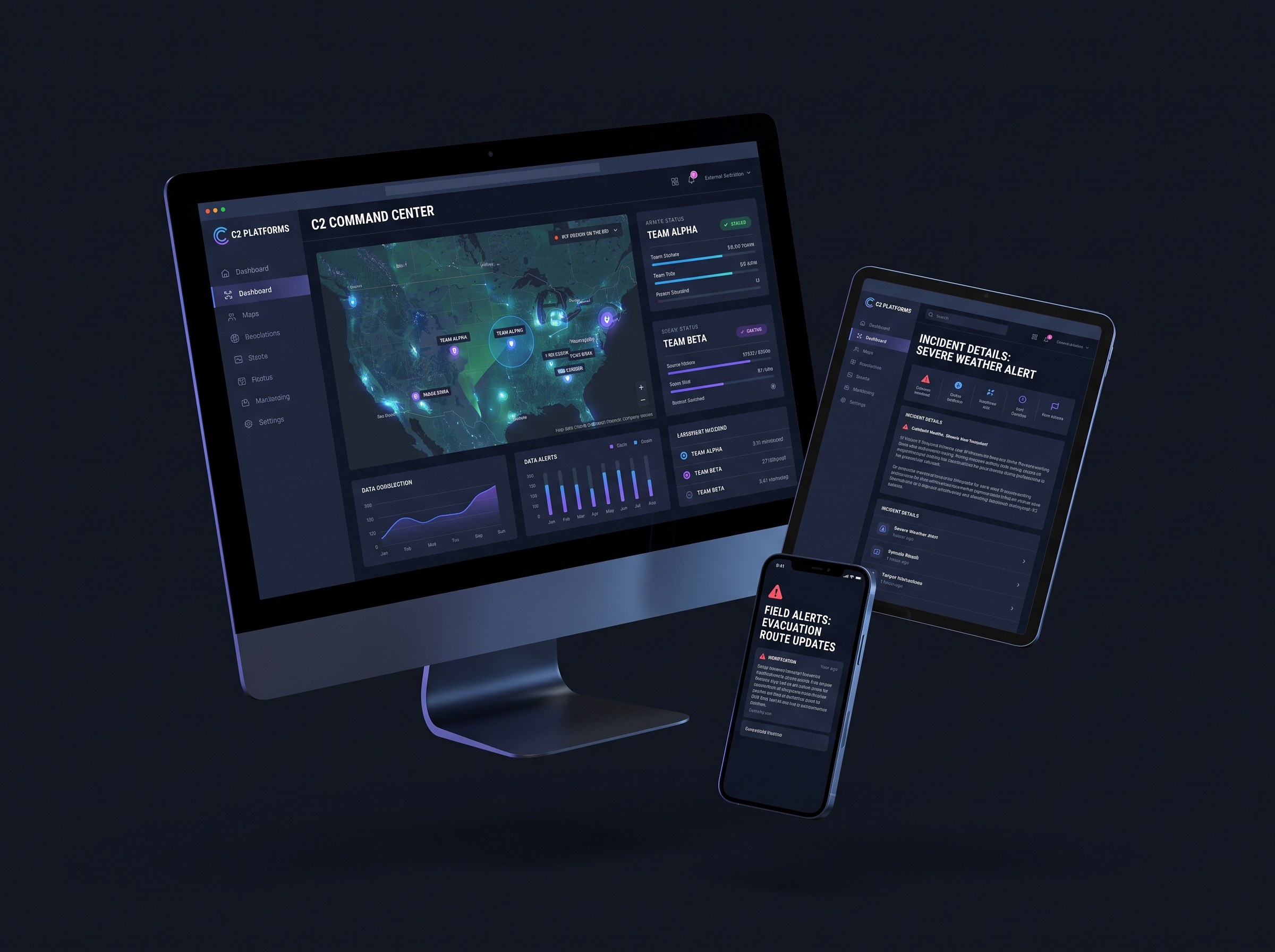 Photorealistic multi-device mockup of the C2 Platforms interface floating on a deep charcoal near-black background: a laptop displaying a command center dashboard with live tactical maps and real-time status indicators, a tablet showing field team assignments, and a phone displaying incident alerts. Cool electric-blue rim lighting evoking security and reliability, soft depth-of-field, subtle screen reflections, crisp modern UI. Photorealistic, high detail, no placeholder text, no logos.