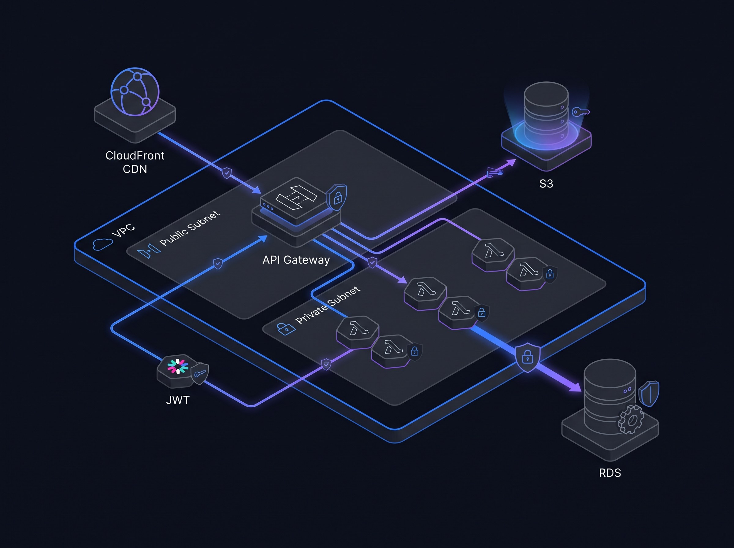Clean minimal isometric AWS architecture diagram of the secure infrastructure on a deep dark background: a VPC with public and private subnets, API Gateway, Lambda functions, an RDS database, S3 storage, JWT authentication, and a CloudFront CDN, joined by precise brand-blue (#0b5cff) accent connector lines with subtle violet glow. Engineering-grade layout with generous negative space and discreet shield and encryption motifs signalling security. Clean editorial illustration, high detail, no text.