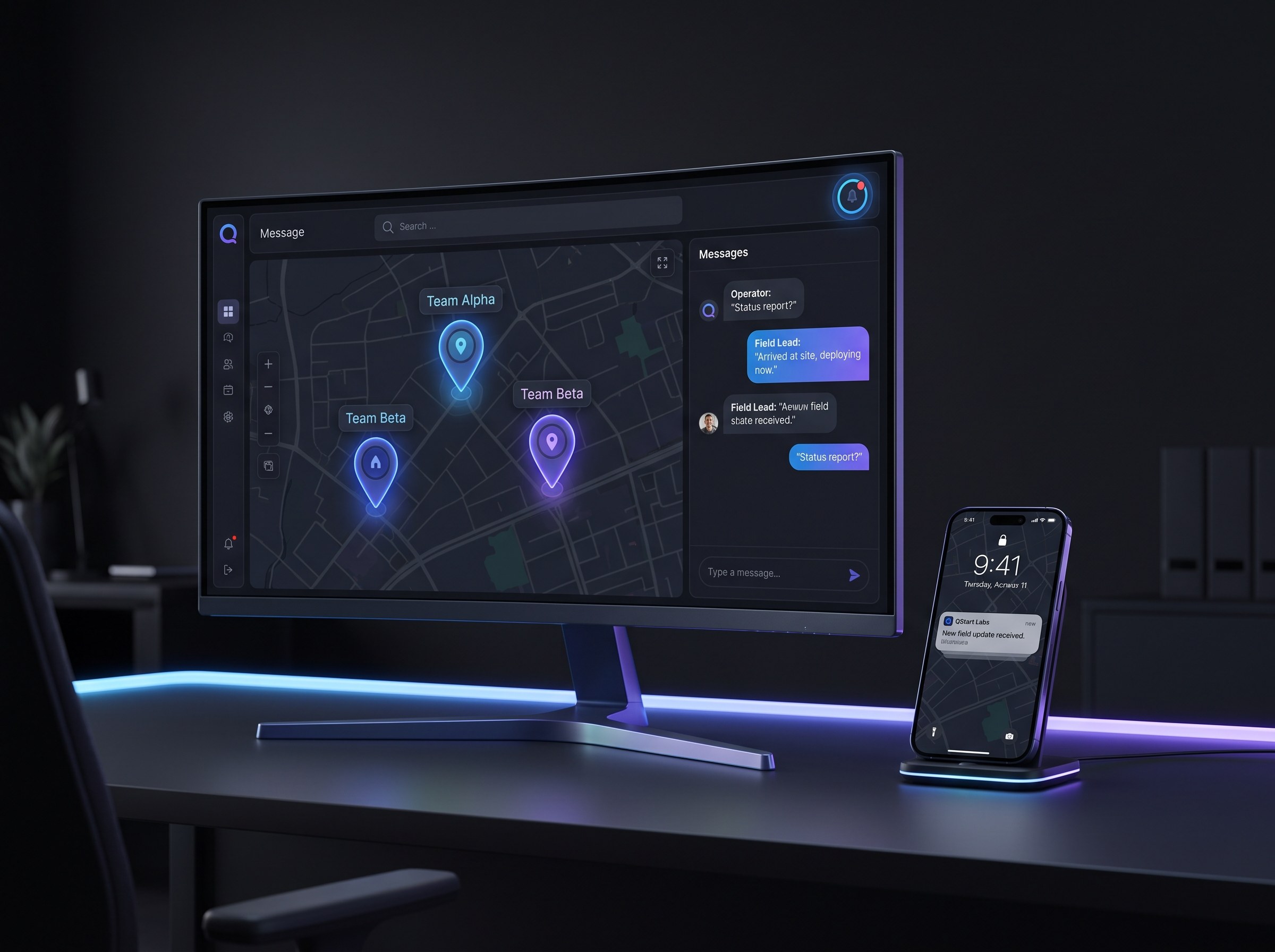 Photorealistic device mockups visualizing the real-time communication layer on a deep charcoal near-black background: a desktop screen where a command center operator receives live updates from field teams synced with a smartphone, with message bubbles, location pins on a map, and notification indicators connecting the web and mobile interfaces. Cool electric-blue (#0b5cff) to violet (#a855f7) QStart accent lighting and soft rim light, shallow depth-of-field, subtle screen reflections, gentle shadows, and crisp modern UI. Photorealistic, high detail, no placeholder text, no logos.