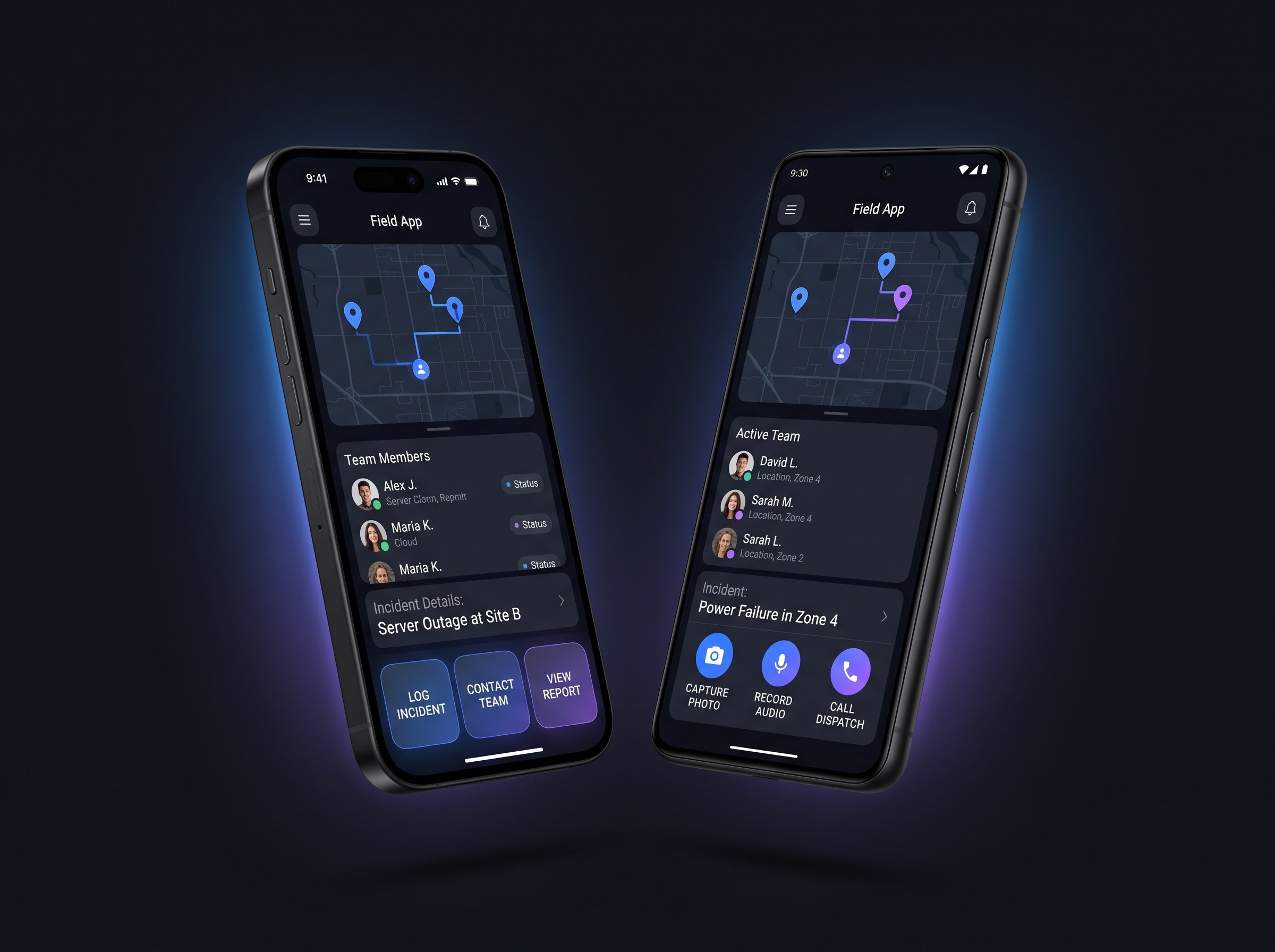 Side-by-side photorealistic iPhone and Android mockups of the field app floating on a deep charcoal near-black background, each showing a clean dark-mode interface with a map view, team member list, incident details, and large touch-friendly quick-action buttons optimized for outdoor visibility. Cool electric-blue (#0b5cff) to violet (#a855f7) QStart accent lighting with soft rim light, shallow depth-of-field, subtle screen reflections, gentle shadows, and crisp modern UI. Photorealistic, high detail, no placeholder text, no logos.