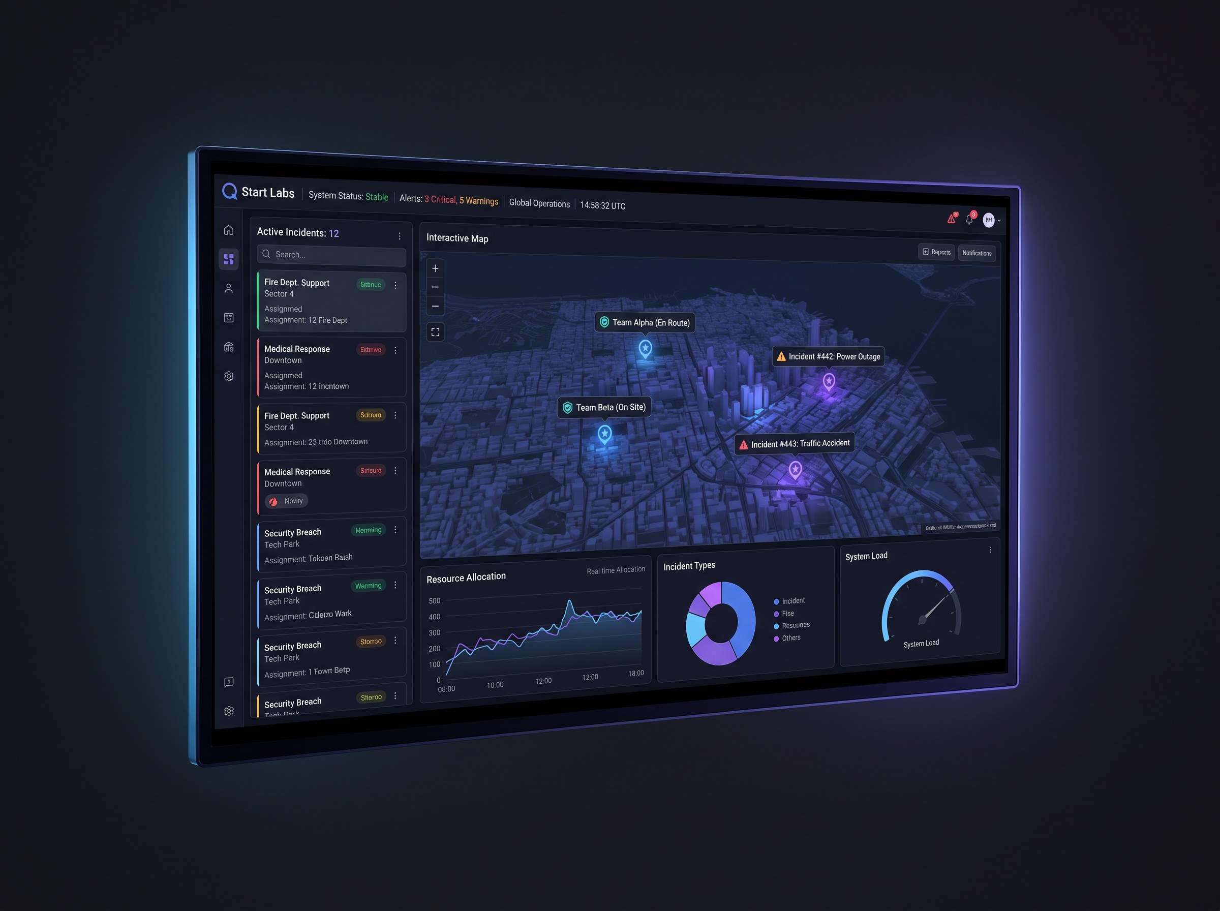 Photorealistic desktop monitor mockup of the command center dashboard floating on a deep charcoal near-black background, displaying a full-width map with team positions and incident markers, a sidebar of active incidents and assignments, and a top bar of alerts and notifications, rich with data visualizations and status indicators. Cool electric-blue (#0b5cff) to violet (#a855f7) QStart accent lighting with soft rim light, shallow depth-of-field, subtle screen reflections, gentle shadows, and crisp modern dark UI. Photorealistic, high detail, no placeholder text, no logos.