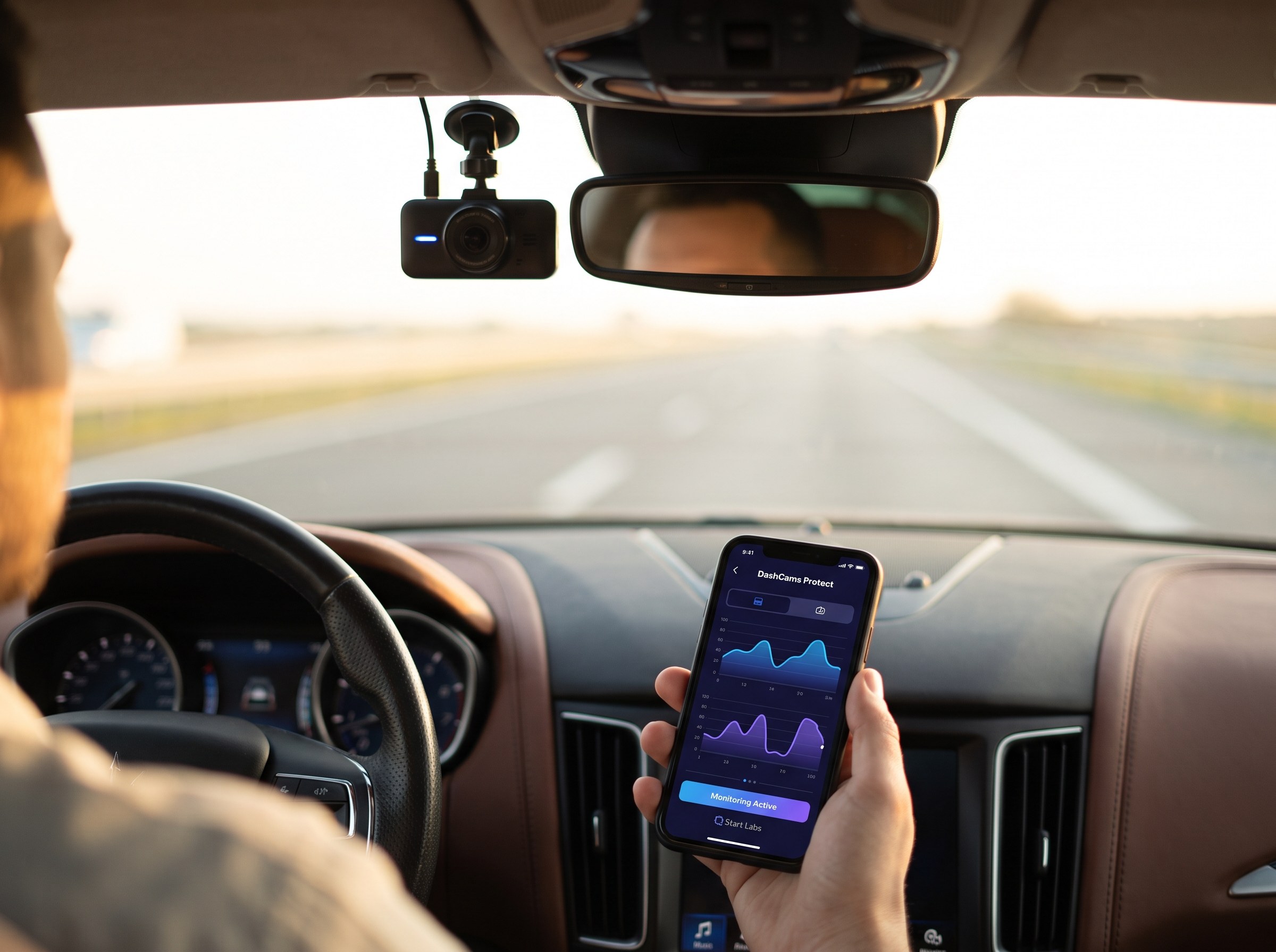 Natural photography of a dashcam mounted on a vehicle windshield with the open road ahead visible through the glass, a driver using the DashCams Protect app on their phone in the foreground. Cinematic lighting, shallow depth-of-field, and a premium editorial feel. Photorealistic, high detail, no placeholder text, no logos.