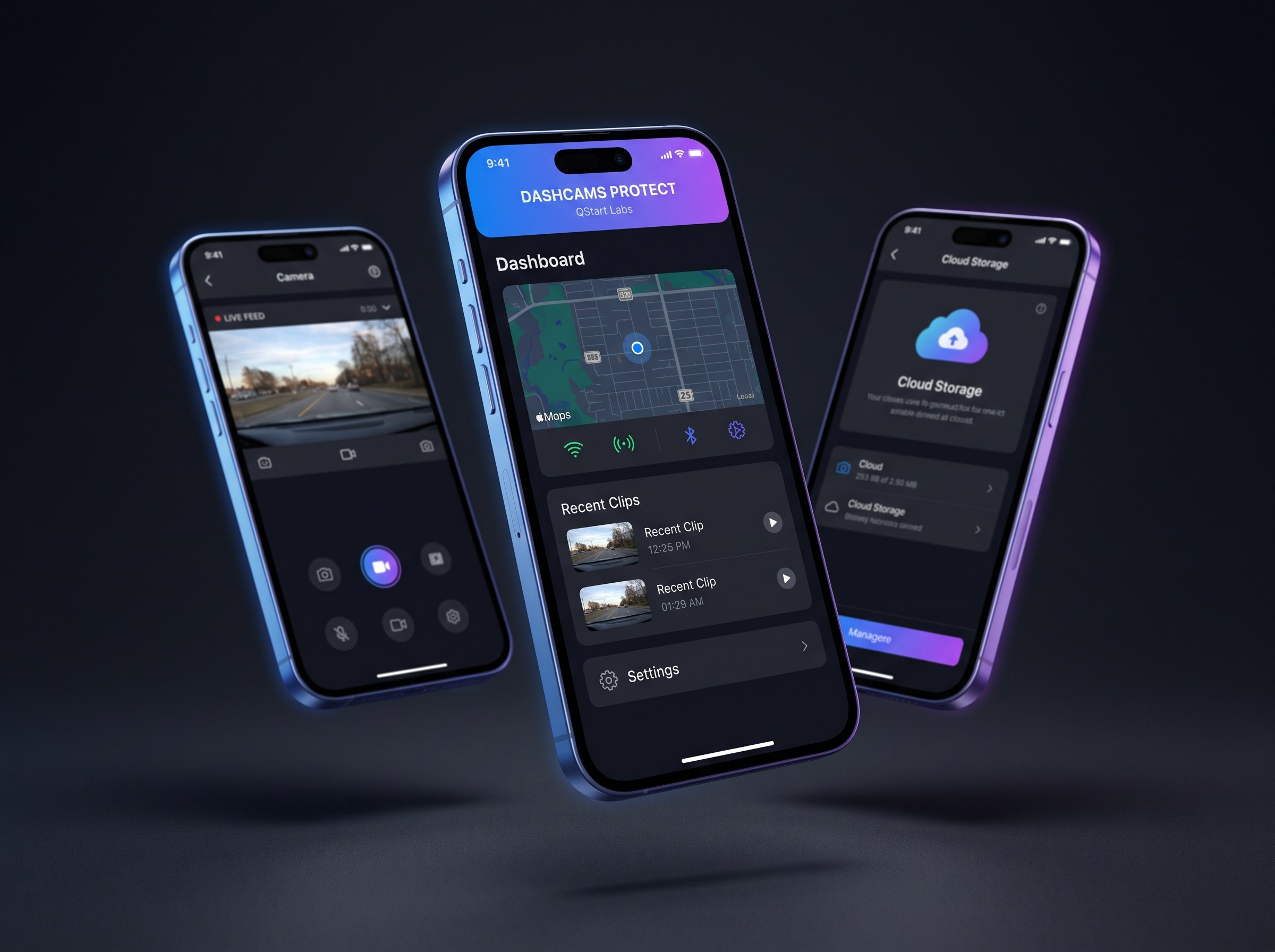 Photorealistic smartphone mockups of the DashCams Protect app floating on a deep charcoal near-black background, showing the clean dashboard interface, branded color scheme, and intuitive navigation structure. Cool electric-blue (#0b5cff) to violet (#a855f7) QStart accent lighting with soft rim light, shallow depth-of-field, subtle screen reflections, gentle shadows, and crisp modern UI. Photorealistic, high detail, no placeholder text, no logos.