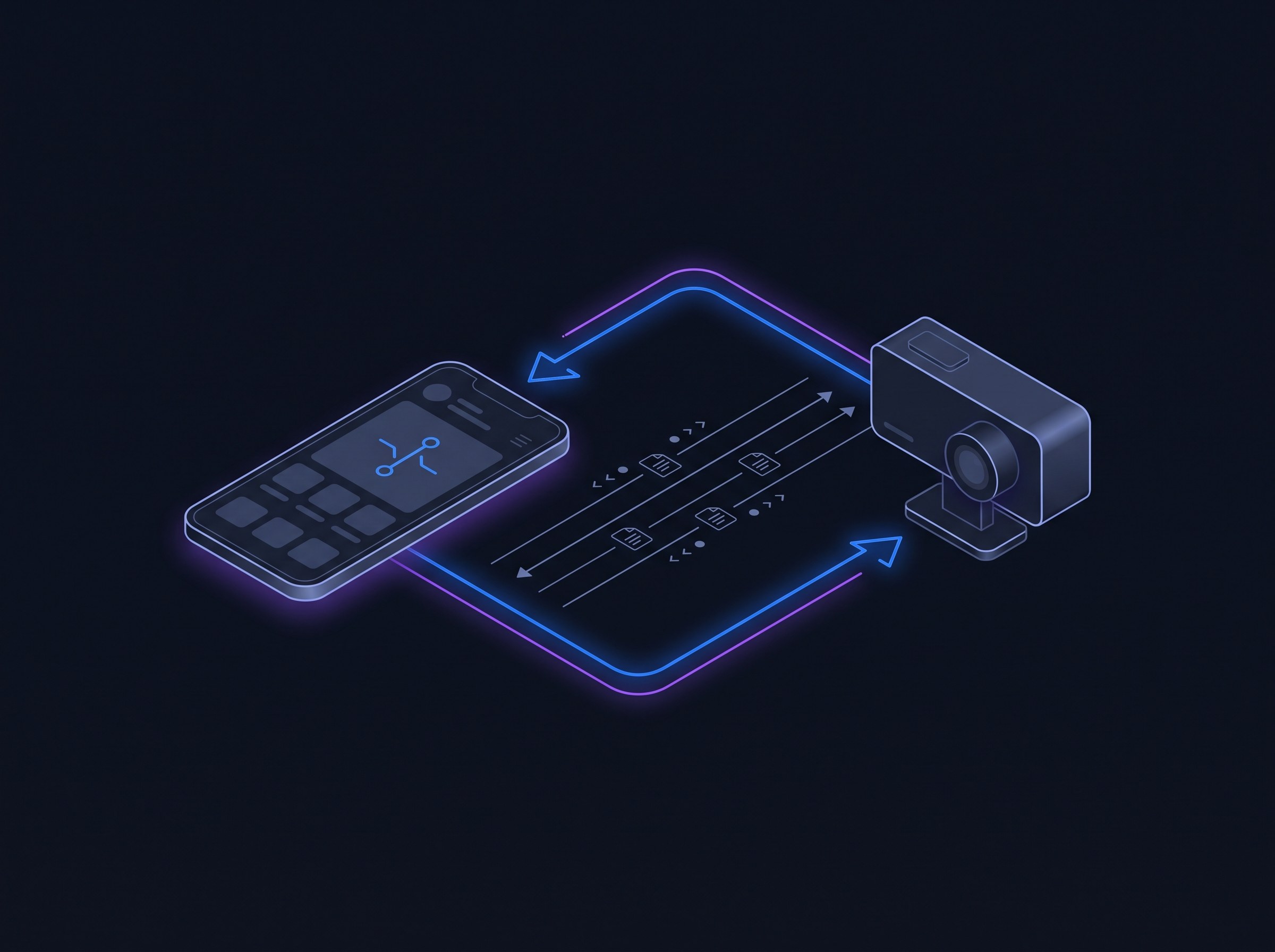 Clean minimal isometric technical diagram on a deep dark background showing the mobile app connecting directly to the dashcam over WiFi, with command flow between the phone and the camera hardware drawn as precise brand-blue (#0b5cff) accent lines with subtle violet glow. Engineering-grade layout with generous negative space. Clean editorial illustration, high detail, no text.