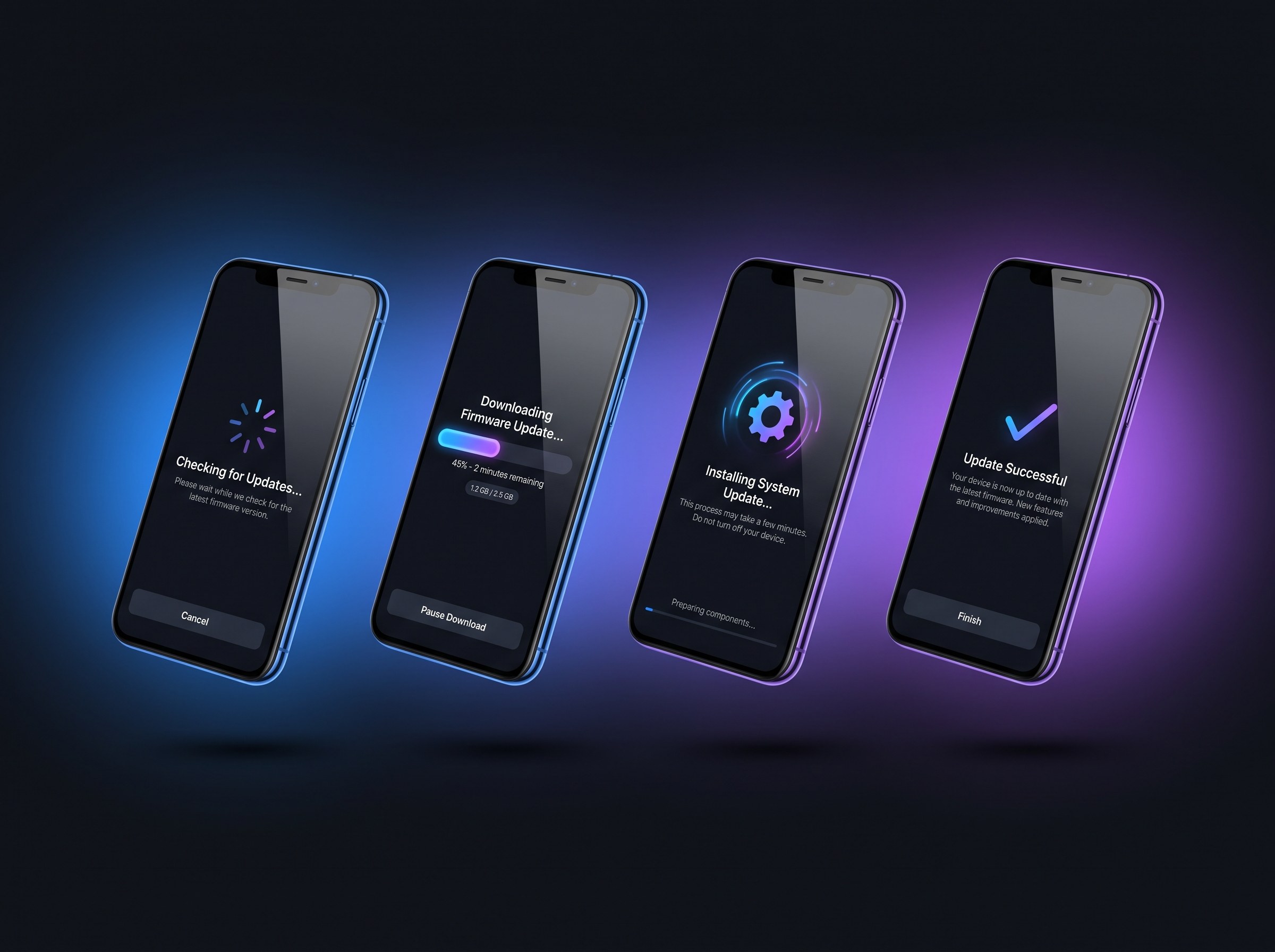 Photorealistic smartphone mockups of the firmware update flow floating on a deep charcoal near-black background, showing the version check, download progress bar, installation status, and success confirmation screens in sequence. Cool electric-blue (#0b5cff) to violet (#a855f7) QStart accent lighting with soft rim light, shallow depth-of-field, subtle screen reflections, gentle shadows, and crisp modern UI. Photorealistic, high detail, no placeholder text, no logos.