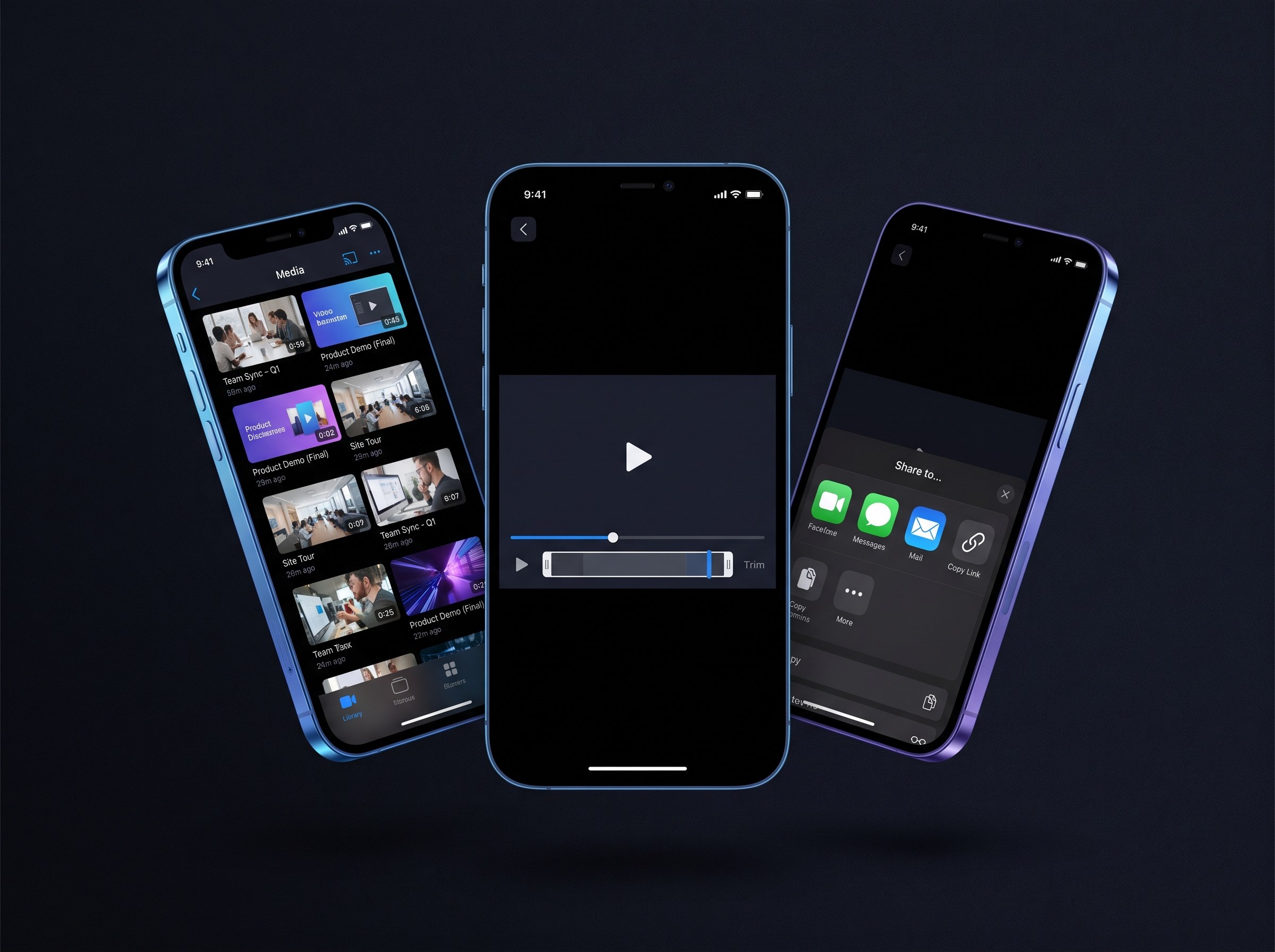 Photorealistic smartphone mockups of the video management screens floating on a deep charcoal near-black background, showing the media gallery with thumbnails, the video player with trim controls, and the share sheet with multiple sharing options. Cool electric-blue (#0b5cff) to violet (#a855f7) QStart accent lighting with soft rim light, shallow depth-of-field, subtle screen reflections, gentle shadows, and crisp modern UI. Photorealistic, high detail, no placeholder text, no logos.
