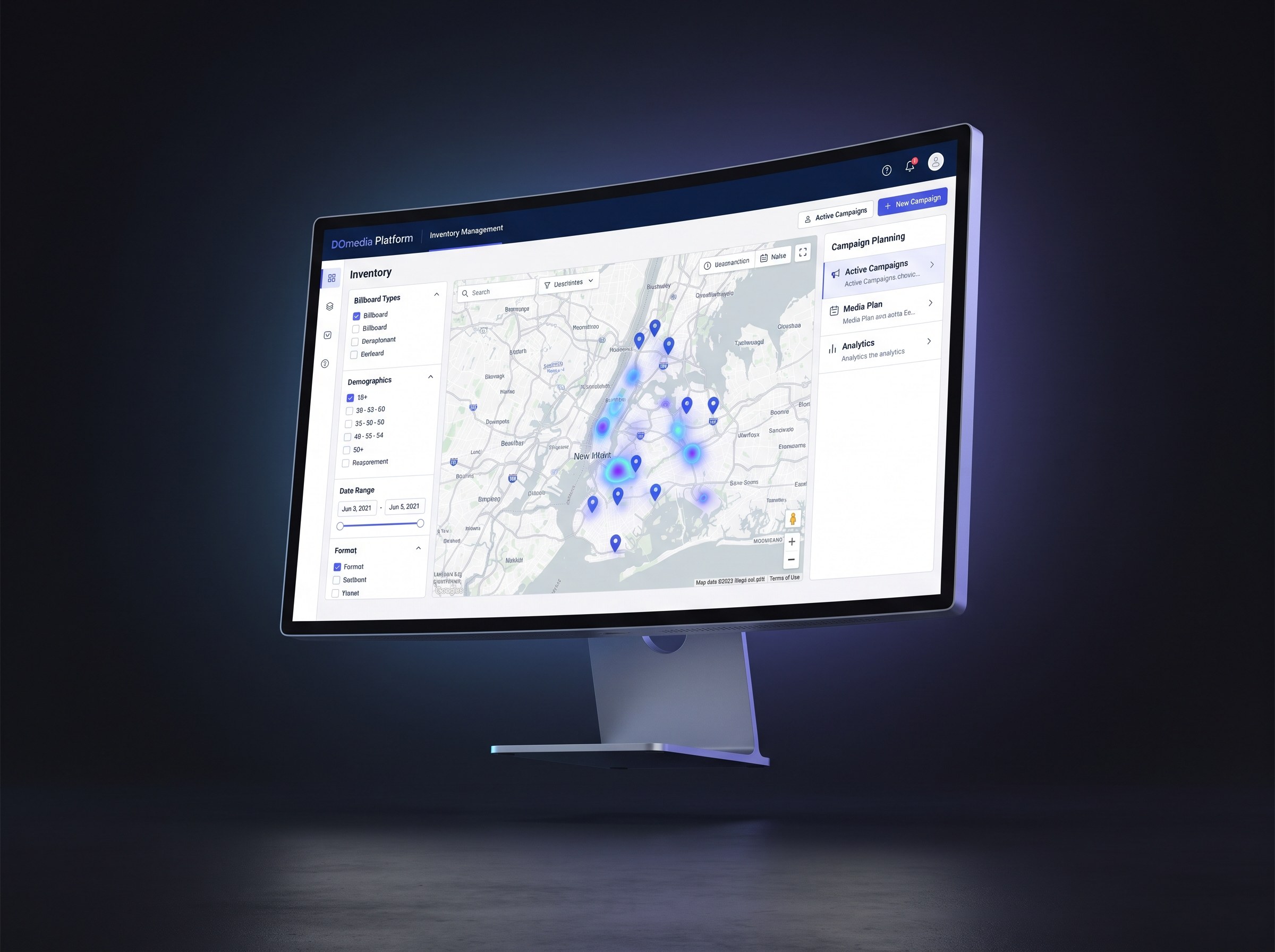 Photorealistic desktop monitor mockup of the DOmedia platform floating on a deep charcoal near-black background, showing the inventory management interface with map-based search, filtering options for billboard types and demographics, and campaign planning tools in a clean professional B2B interface using DOmedia blue. Cool electric-blue to violet QStart accent lighting and soft rim light that complements the brand blue, shallow depth-of-field, subtle screen reflections, gentle shadows, and crisp modern UI. Photorealistic, high detail, no placeholder text, no logos.
