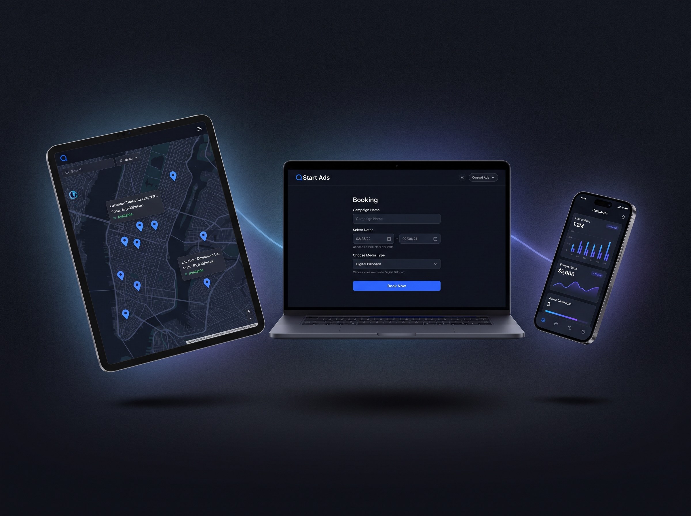 Photorealistic device mockups of the BillboardsIn platform floating on a deep charcoal near-black background, showing an interactive map of available billboard locations with pricing, a clean booking interface for small business advertisers, and a campaign management dashboard in a consumer-friendly design with blue brand colors. Cool electric-blue to violet QStart accent lighting and soft rim light that complements the brand blue, shallow depth-of-field, subtle screen reflections, gentle shadows, and crisp modern UI. Photorealistic, high detail, no placeholder text, no logos.