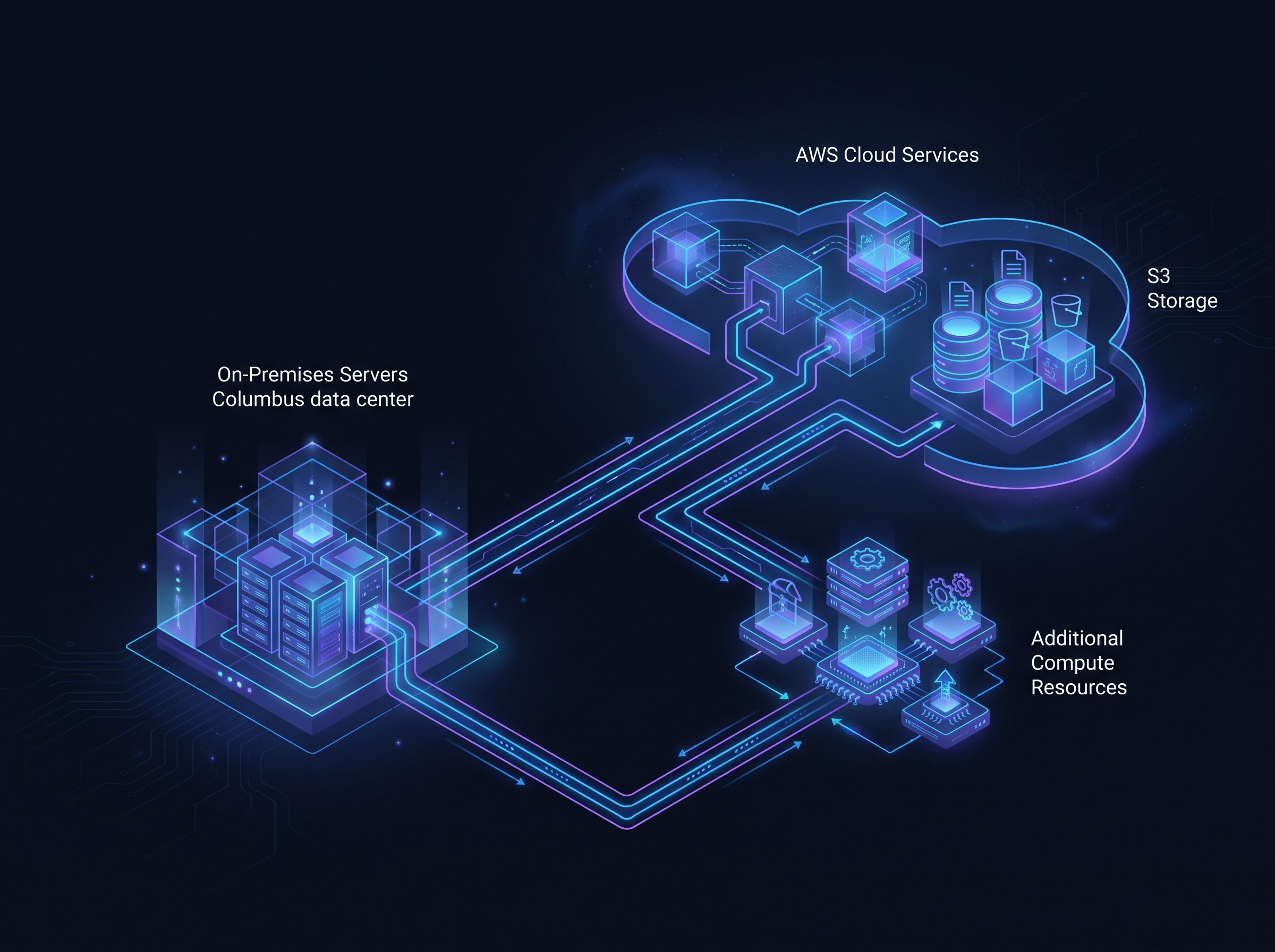 Clean minimal isometric hybrid infrastructure diagram on a deep dark background showing on-premises servers at a Columbus data center connected to AWS cloud services including S3 storage and additional compute resources, linked by precise brand-blue (#0b5cff) accent lines with subtle violet glow. Enterprise, engineering-grade layout with generous negative space. Clean editorial illustration, high detail, no text.