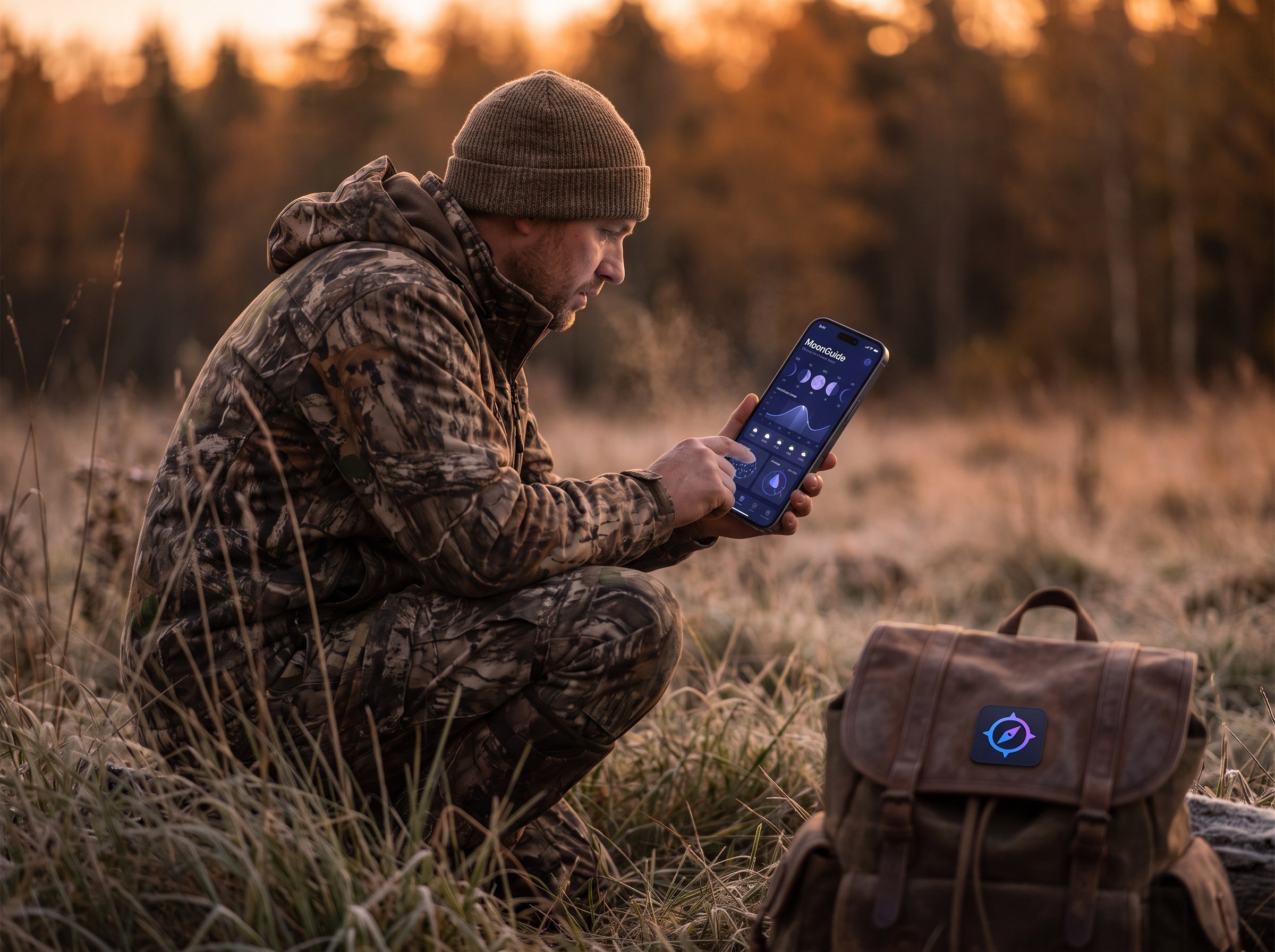 Natural photography of a deer hunter in the field at dawn or dusk, checking the MoonGuide app on their phone, with a forest or open field in the background bathed in warm golden-hour earth tones. Cinematic lighting, shallow depth-of-field, and a premium editorial feel. Photorealistic, high detail, no placeholder text, no logos.