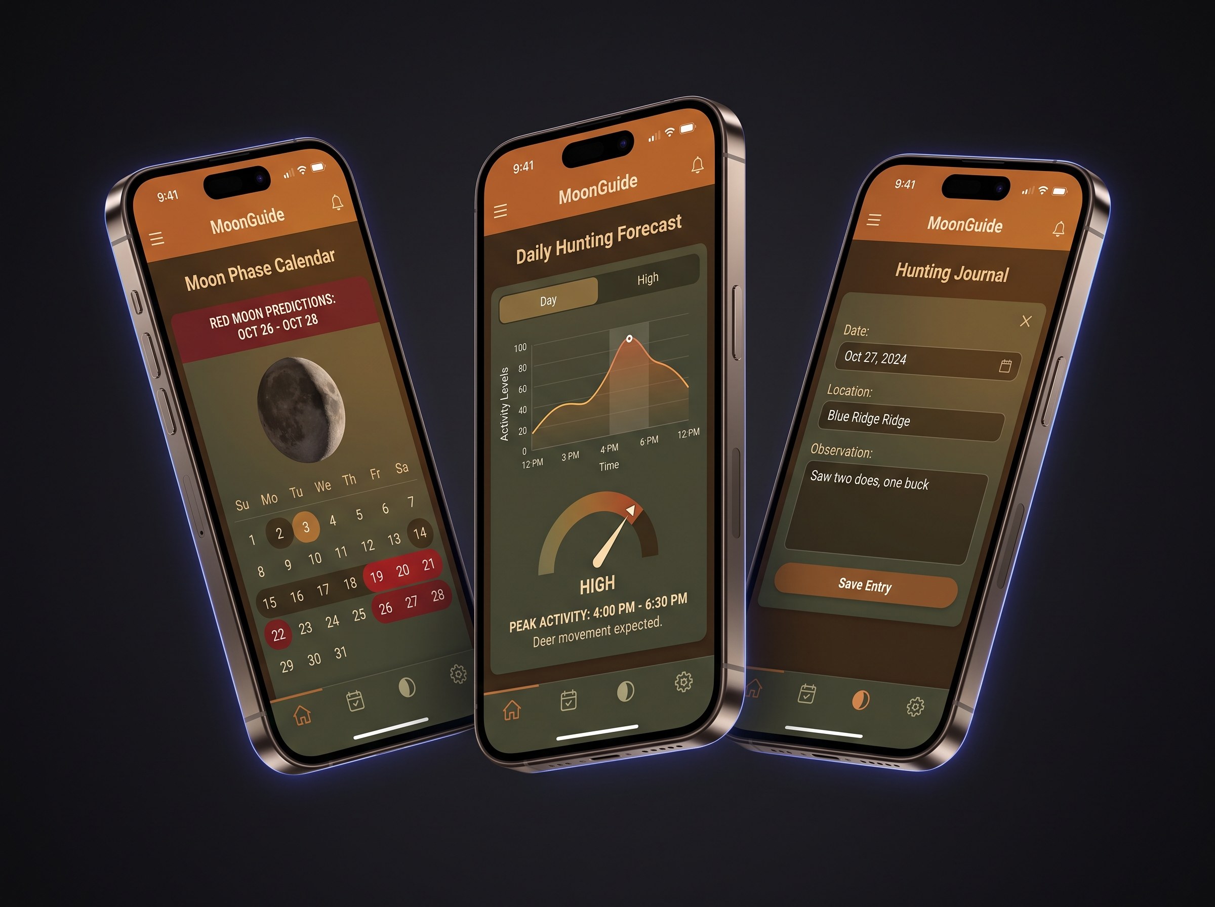 Photorealistic smartphone mockups of the MoonGuide app floating on a deep charcoal near-black background, showing the moon phase calendar with Red Moon predictions, the daily hunting forecast with activity levels, and the hunting journal interface for logging observations, with the apps own warm earth-tone palette intact. Soft rim light and gentle QStart accent glow only where it does not clash with the earth tones, shallow depth-of-field, subtle screen reflections, gentle shadows, and crisp modern UI. Photorealistic, high detail, no placeholder text, no logos.