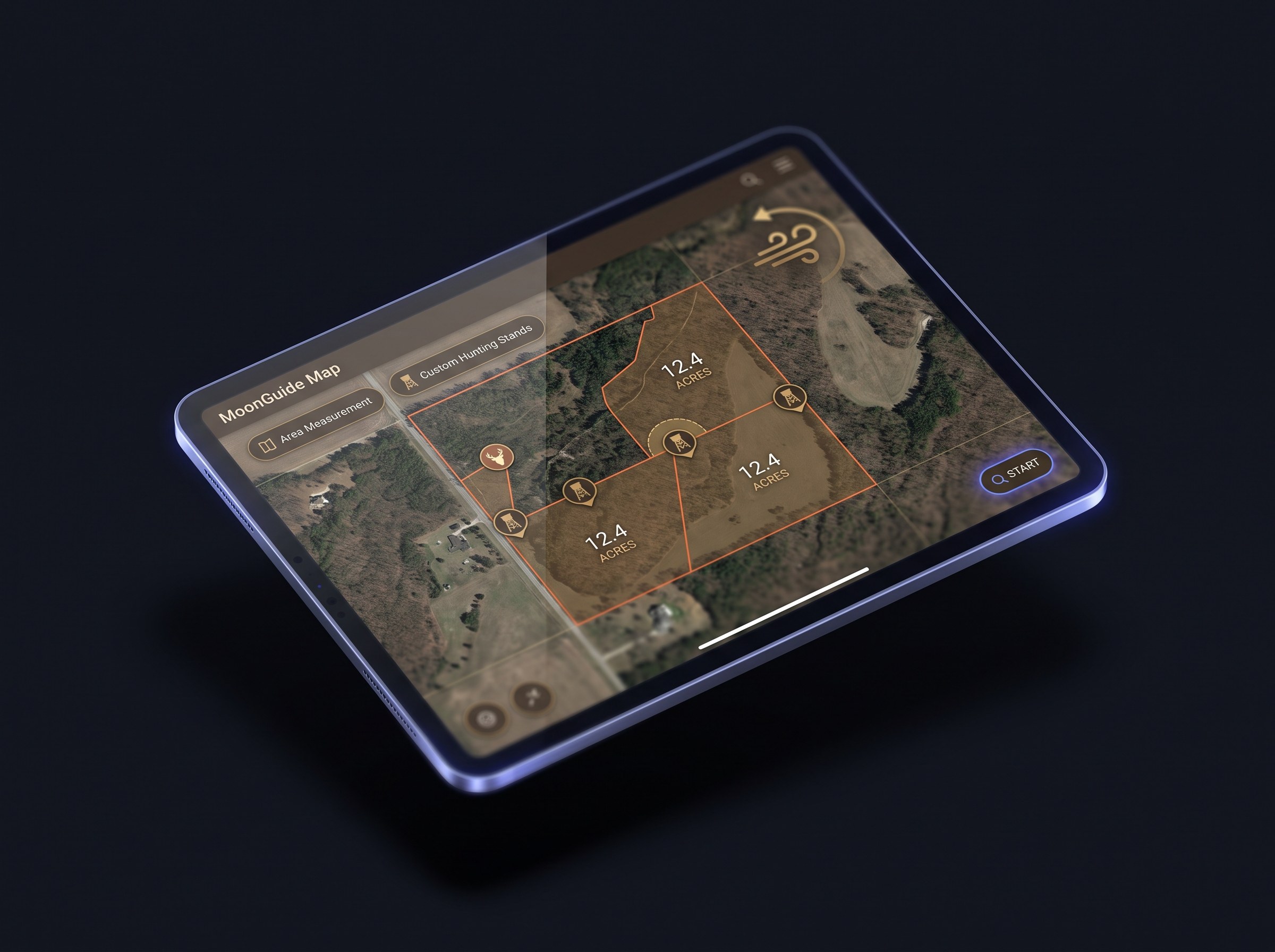 Photorealistic tablet mockup of the MoonGuide map interface floating on a deep charcoal near-black background, showing property boundaries, custom hunting stand markers, area measurements, and wind direction visualization overlaid on satellite imagery in the apps warm earth-tone palette. Soft rim light and subtle QStart accent glow only where it does not clash with the earth tones, shallow depth-of-field, gentle screen reflections, soft shadows, and crisp modern UI. Photorealistic, high detail, no placeholder text, no logos.