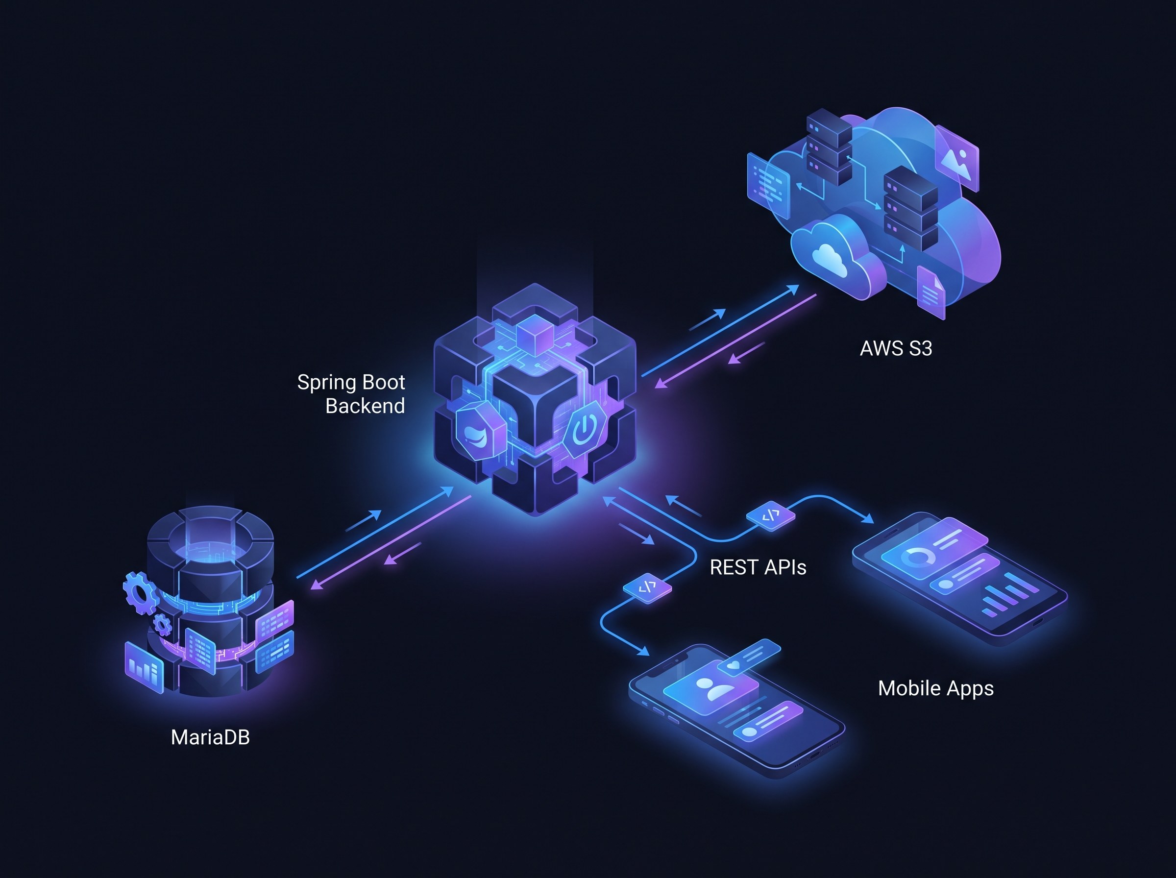 Clean minimal isometric architecture diagram on a deep dark background showing the Spring Boot backend connecting to a MariaDB database, AWS S3 for media storage, and the mobile apps over REST APIs, joined by precise brand-blue (#0b5cff) accent connector lines with subtle violet glow. Engineering-grade layout with generous negative space. Clean editorial illustration, high detail, no text.