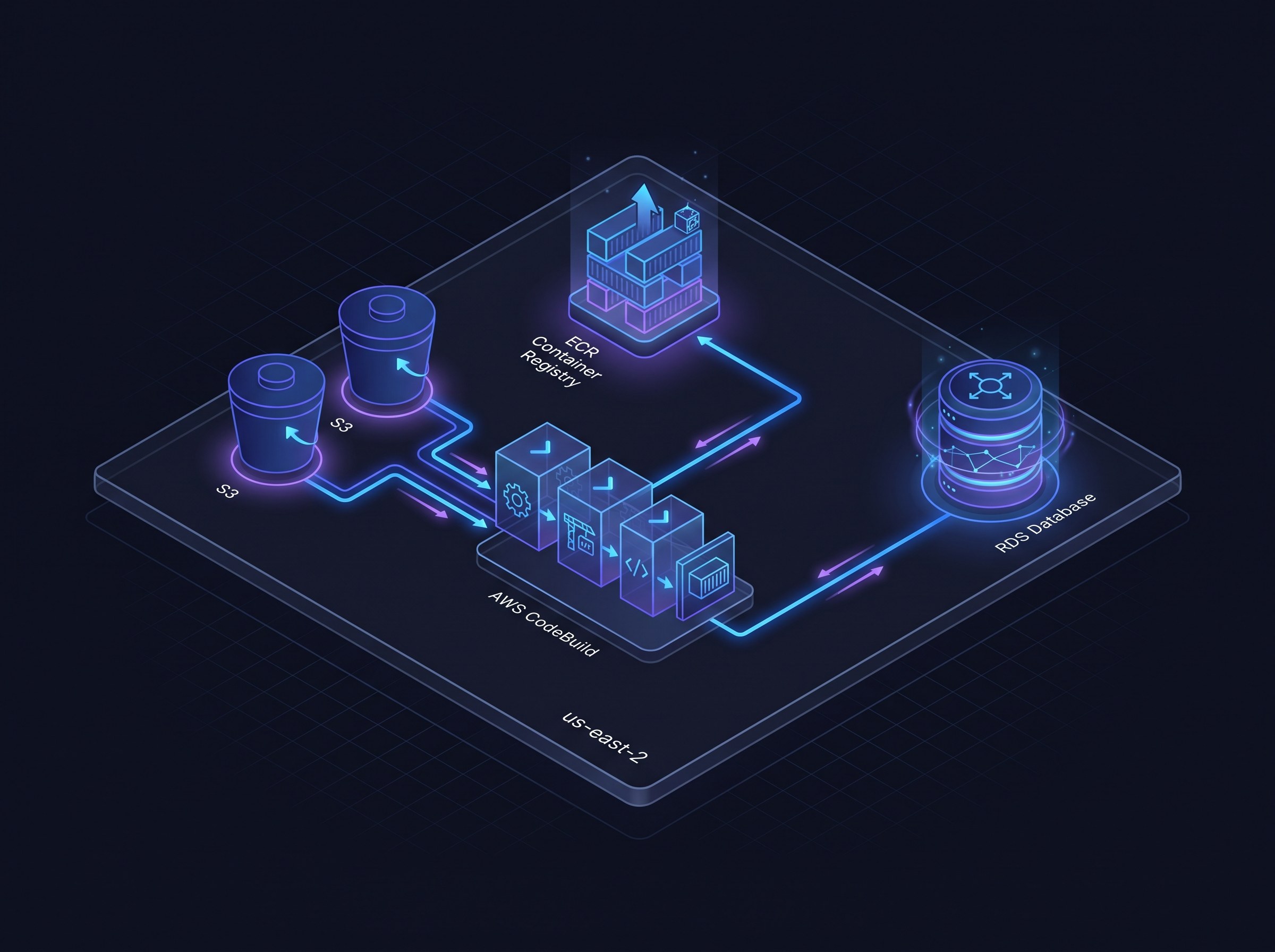 Clean minimal isometric AWS architecture diagram on a deep dark background showing S3 buckets, an ECR container registry, a CodeBuild pipeline, and an RDS database within the us-east-2 region, connected by precise brand-blue (#0b5cff) accent lines with subtle violet glow. Engineering-grade layout with generous negative space. Clean editorial illustration, high detail, no text.
