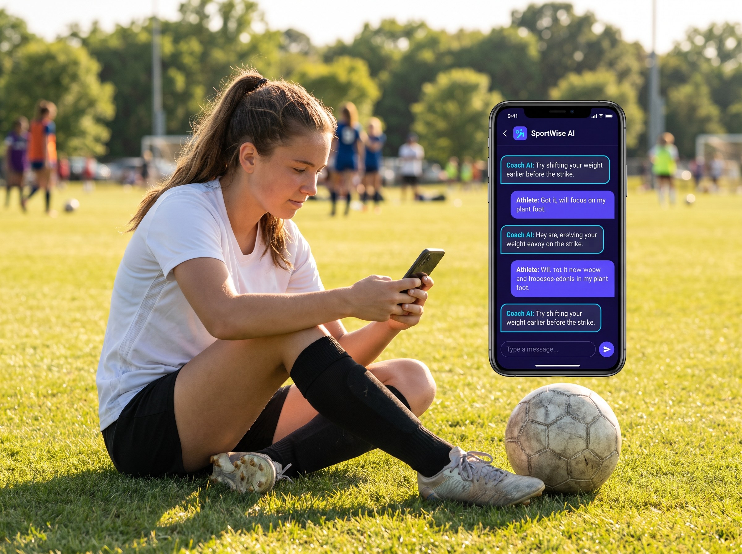 Natural photography of a young athlete using the SportWise AI mobile app on their phone during practice, a soccer ball nearby, the screen showing an AI chat conversation with coaching tips, in a bright outdoor sports setting full of positive energy. Cinematic lighting, shallow depth-of-field, and a premium editorial feel. Photorealistic, high detail, no placeholder text, no logos.