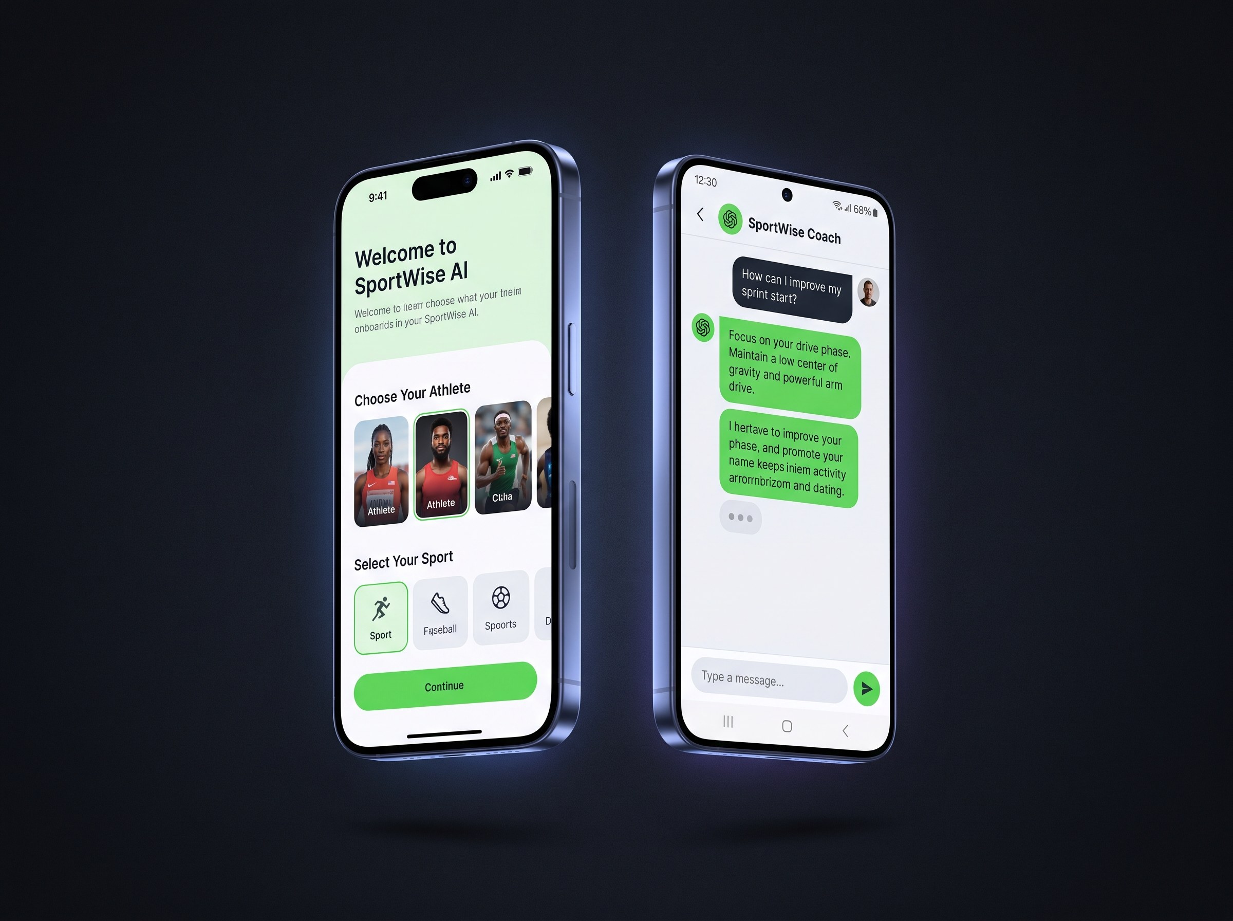 Side-by-side photorealistic iPhone and Android mockups of the SportWise AI app floating on a deep charcoal near-black background, showing the welcome onboarding screens, athlete selection, sport picker, and the main chat interface with AI coaching responses, in a clean modern UI led by the SportWise green brand color. Soft rim light and gentle QStart accent glow that complement the SportWise green rather than overpower it, shallow depth-of-field, subtle screen reflections, gentle shadows, and crisp modern UI. Photorealistic, high detail, no placeholder text, no logos.