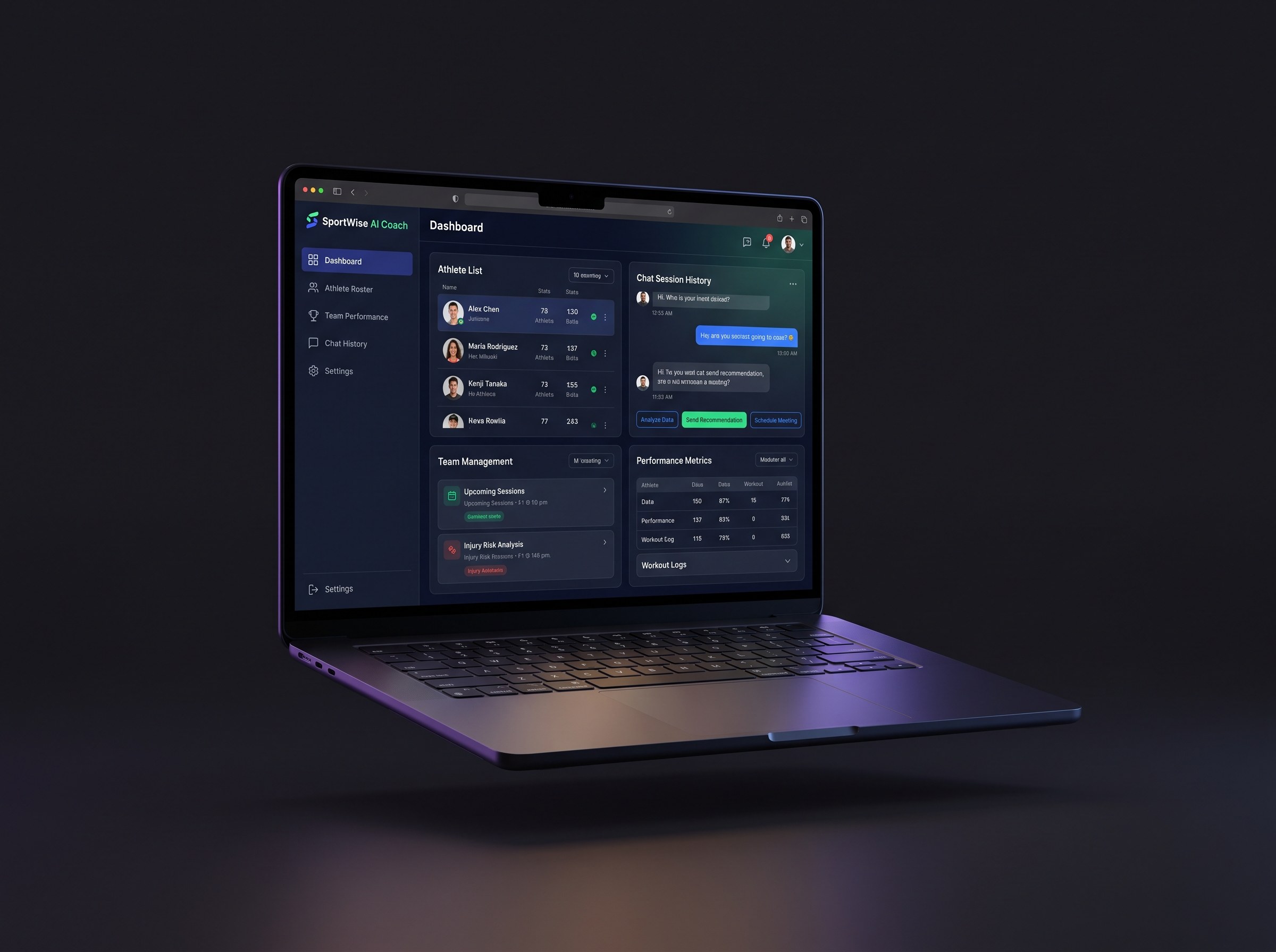 Photorealistic laptop mockup of the SportWise AI coach view web dashboard floating on a deep charcoal near-black background, showing sidebar navigation, an athlete list with profile photos, a team management panel, and chat session history with rich data tables and action buttons, accented by the SportWise green and blue brand colors. Soft rim light and gentle QStart accent glow that complement the brand greens and blues, shallow depth-of-field, subtle screen reflections, gentle shadows, and crisp modern UI. Photorealistic, high detail, no placeholder text, no logos.