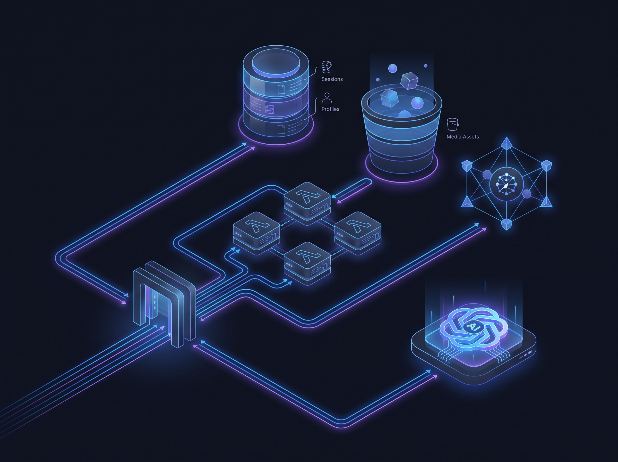 Clean minimal isometric AWS architecture diagram on a deep dark background showing API Gateway routing to Lambda functions, DynamoDB storing sessions and profiles, S3 holding media assets, Pinecone providing vector search, and the OpenAI API powering the AI, all joined by precise brand-blue (#0b5cff) accent lines with subtle violet glow in a serverless, scalable layout. Engineering-grade with generous negative space. Clean editorial illustration, high detail, no text.