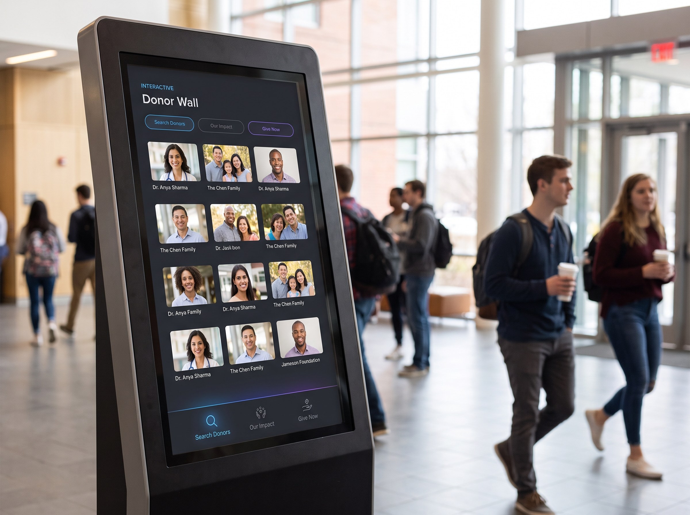 Natural photography of a VIP Solutions touchscreen kiosk installed in a hospital or university lobby, its display showing an elegantly designed interactive donor wall with donor photos arranged in a grid and touch-friendly navigation, while softly blurred people in the background suggest an active, welcoming environment. Cinematic lighting, shallow depth-of-field, and a premium editorial feel. Photorealistic, high detail, no placeholder text, no logos.