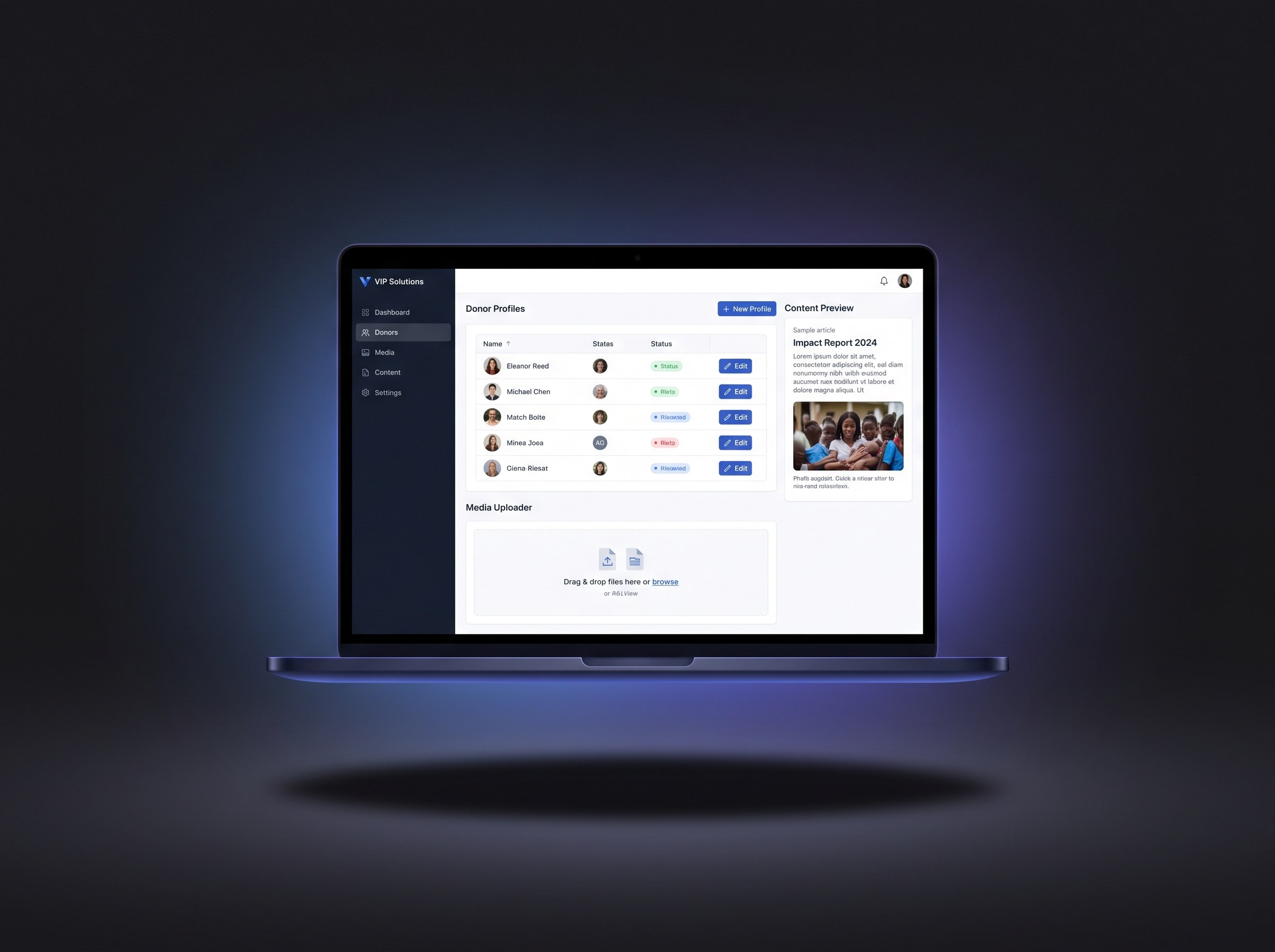 Photorealistic laptop mockup of the VIP Solutions CMS dashboard floating on a deep charcoal near-black background, showing a clean content management interface with sidebar navigation, a list of donor profiles with photos and edit buttons, a drag-and-drop media uploader, and a content preview panel built with Kendo UI components. Cool electric-blue (#0b5cff) to violet (#a855f7) QStart accent lighting with soft rim light, shallow depth-of-field, subtle screen reflections, gentle shadows, and crisp modern UI. Photorealistic, high detail, no placeholder text, no logos.