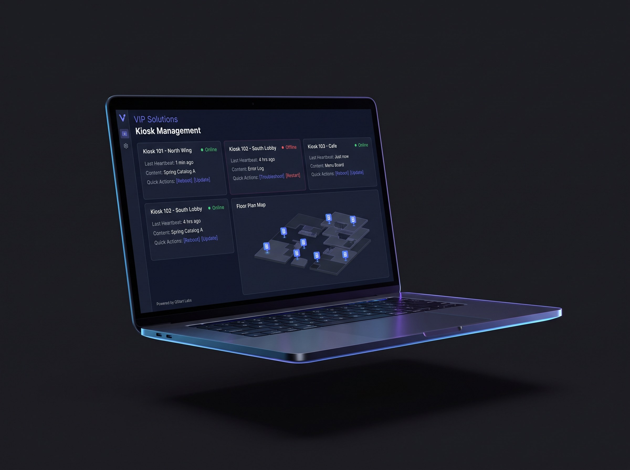 Photorealistic laptop mockup of the VIP Solutions kiosk management dashboard floating on a deep charcoal near-black background, showing a grid of connected kiosks with online and offline status indicators, last heartbeat timestamps, assigned content modules, and quick action buttons, plus a floor plan map of kiosk locations. Cool electric-blue (#0b5cff) to violet (#a855f7) QStart accent lighting with soft rim light, shallow depth-of-field, subtle screen reflections, gentle shadows, and crisp modern UI. Photorealistic, high detail, no placeholder text, no logos.