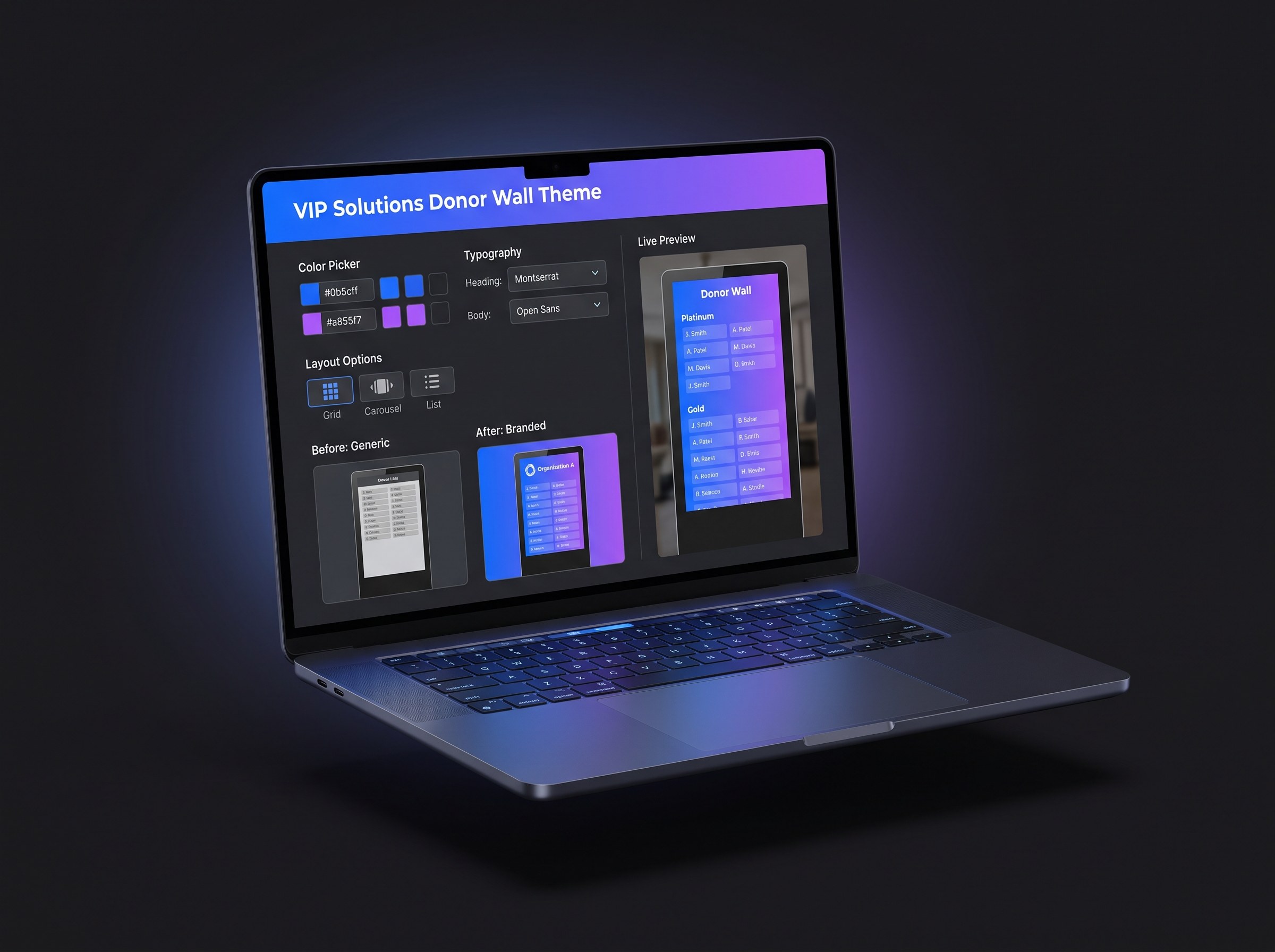 Photorealistic laptop mockup of the VIP Solutions theme customization interface floating on a deep charcoal near-black background, showing color picker panels, typography selectors, layout options, and a live preview of the donor wall as it will appear on the kiosk, with before and after examples of different organization branding. Cool electric-blue (#0b5cff) to violet (#a855f7) QStart accent lighting with soft rim light, shallow depth-of-field, subtle screen reflections, gentle shadows, and crisp modern UI. Photorealistic, high detail, no placeholder text, no logos.