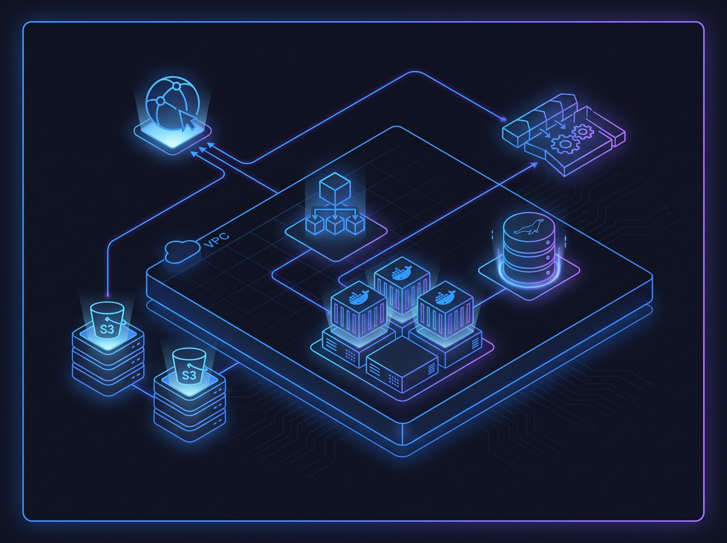 Clean minimal isometric AWS architecture diagram on a deep dark background showing a VPC with an ECS cluster running Docker containers, an RDS MariaDB instance, S3 buckets for media storage, a CloudFront CDN, CodePipeline for deployments, and an Application Load Balancer, all joined by precise brand-blue (#0b5cff) accent connector lines with subtle violet glow. Engineering-grade layout with generous negative space. Clean editorial illustration, high detail, no text.