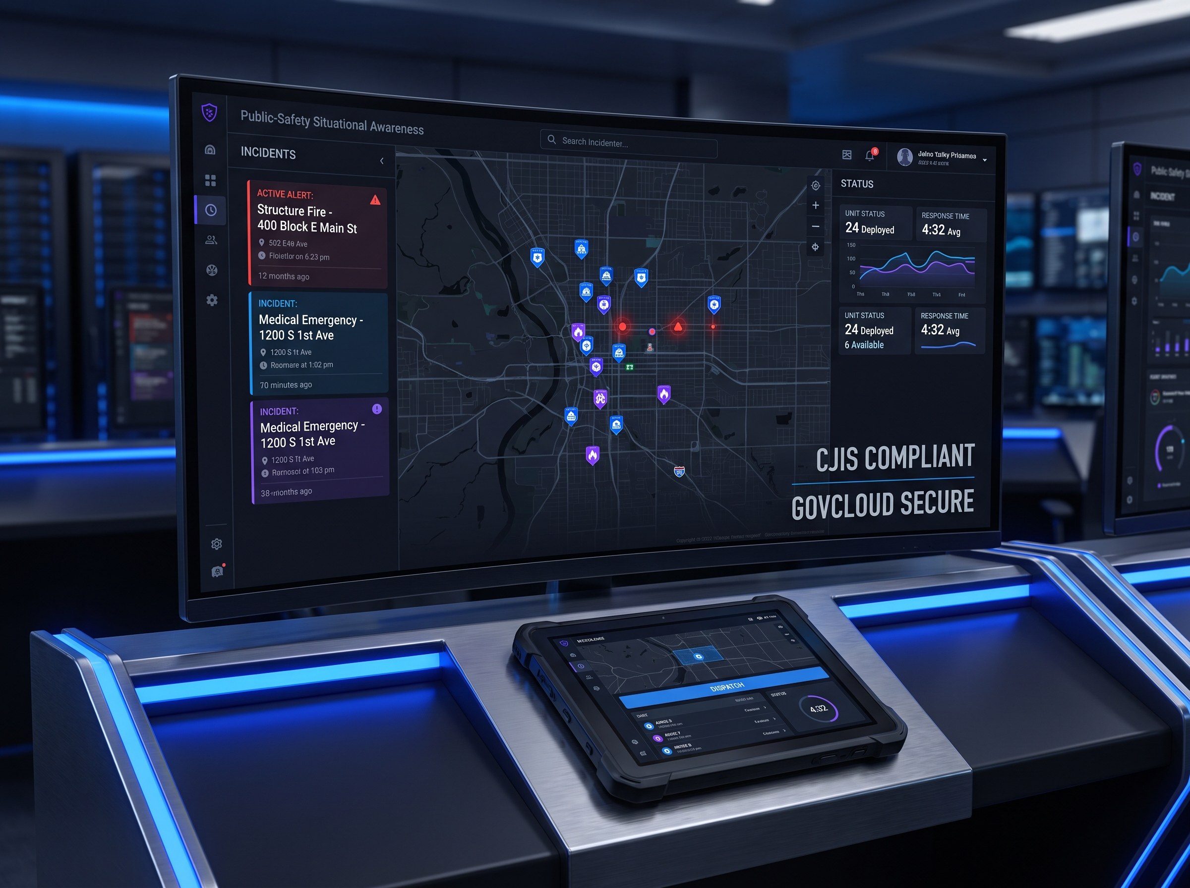 Public-safety situational awareness platform: a command-center dashboard on a dark UI showing a live map with unit positions, incident cards, and real-time status, alongside a rugged mobile app screen for field officers. Blue accent lighting, CJIS/GovCloud-grade seriousness, clean and authoritative.