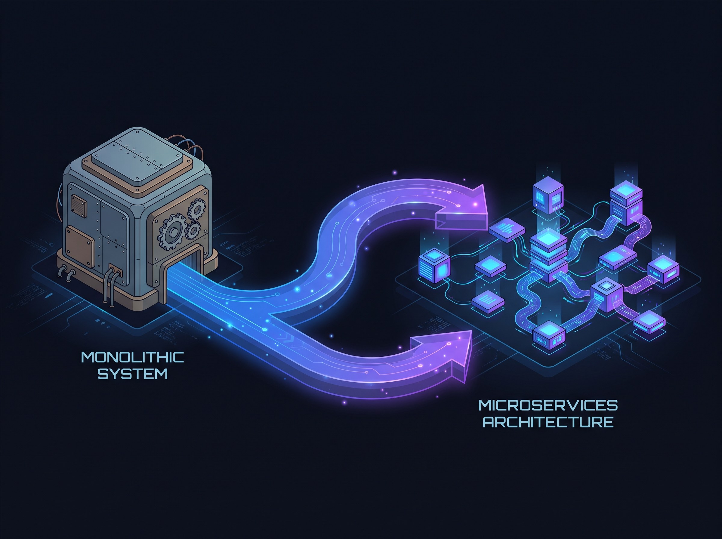 Clean editorial illustration of application modernization on a dark background: a before-and-after split where the left shows a dated monolithic system as a single heavy block, and the right shows a modern microservices architecture of connected modular nodes, joined by a glowing transformation arrow conveying evolution. Isometric composition, brand-blue accent, generous negative space, engineering-grade. Clean editorial illustration, high detail, no text.
