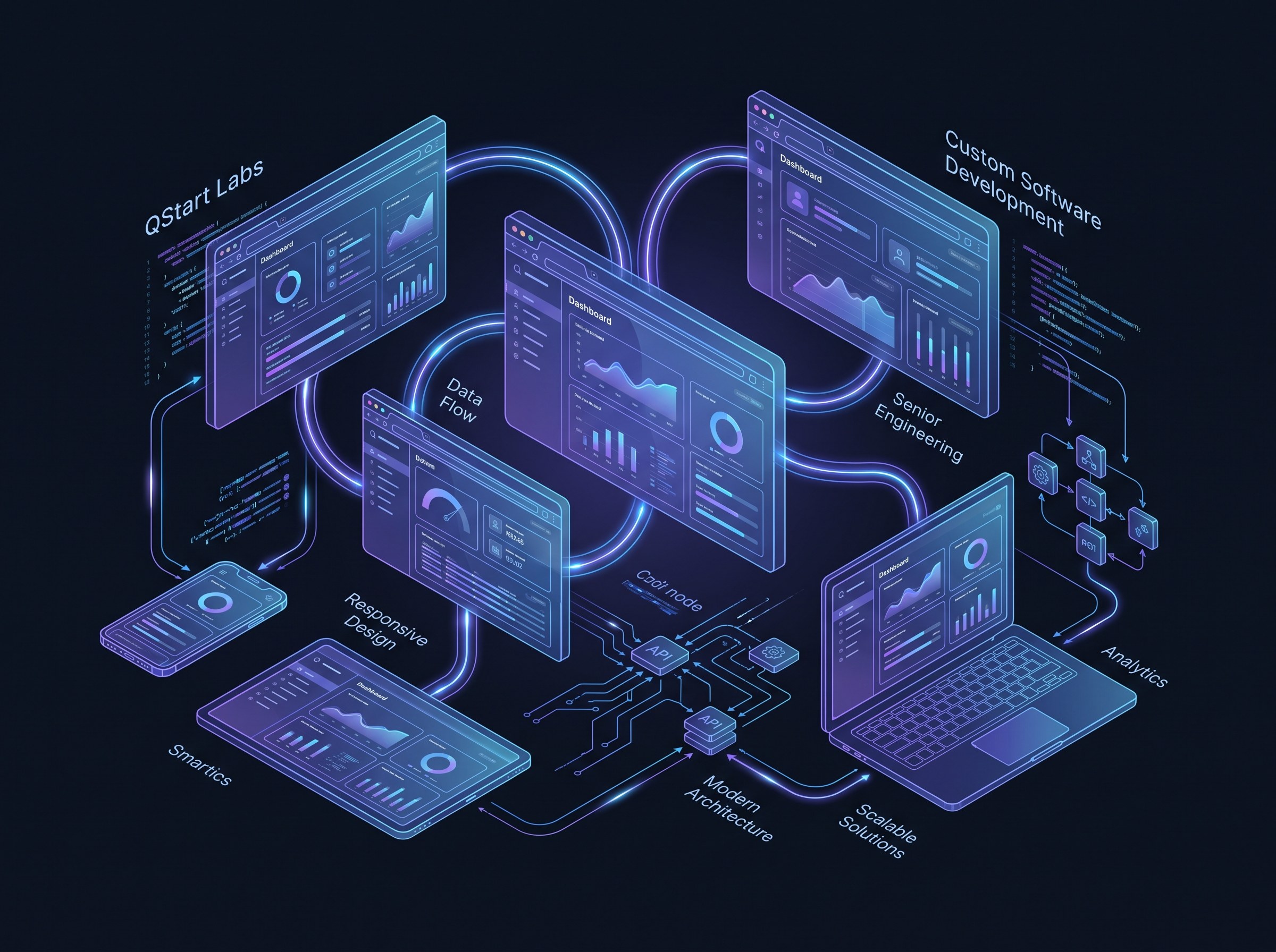 Clean editorial illustration of custom software development on a dark background: floating browser windows showing modern web dashboards connected by data-flow lines, responsive device frames, abstract code and API nodes. Isometric, brand-blue accent, generous negative space.