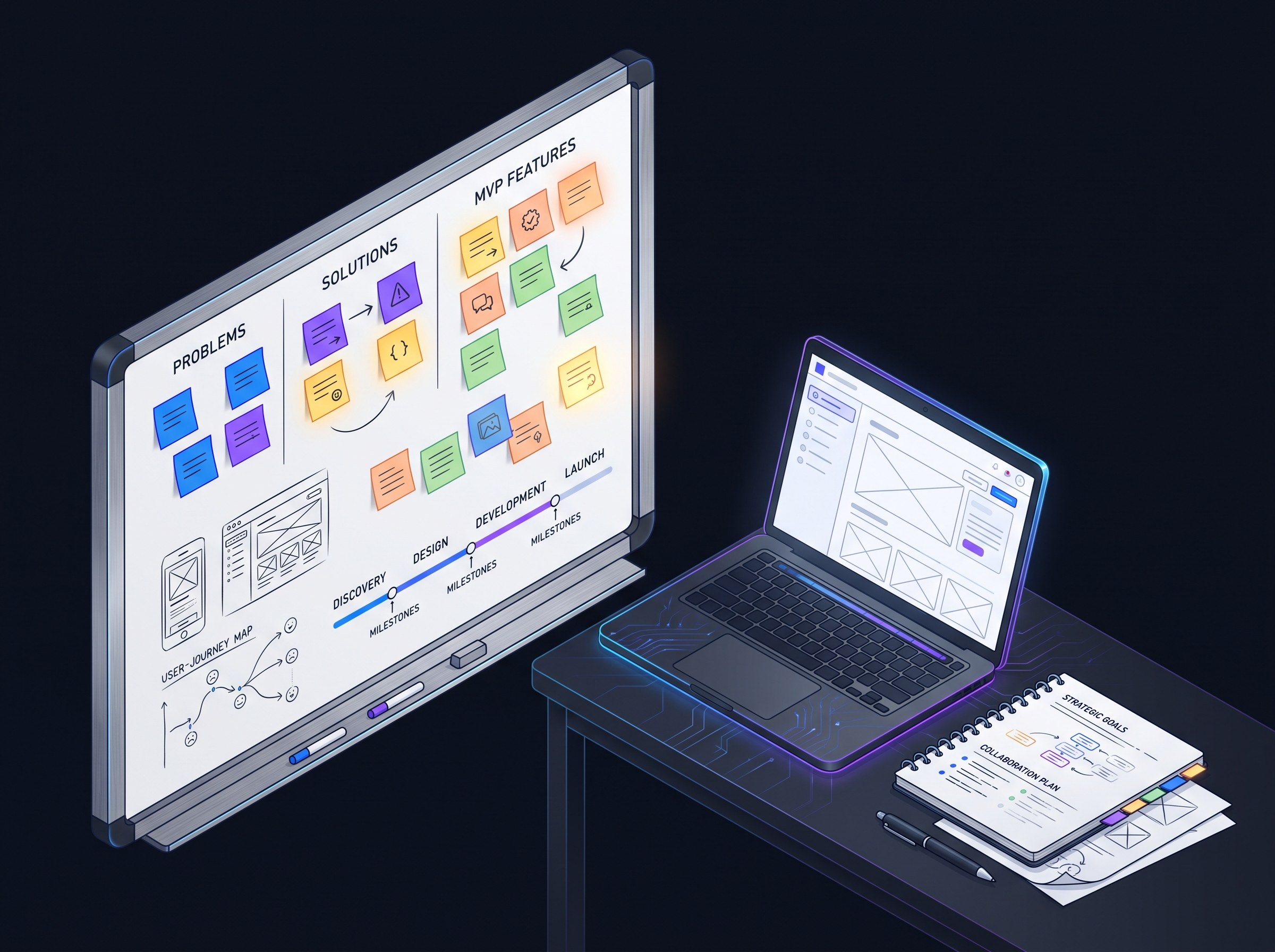 Clean editorial illustration of an MVP planning workshop on a dark background: a whiteboard with sticky notes, wireframe sketches, a user-journey map, and a product-roadmap timeline, alongside a laptop showing wireframes and a notebook conveying collaborative strategic planning. Isometric composition, brand-blue accent with warm creative highlights, generous negative space, engineering-grade. Clean editorial illustration, high detail, no text.