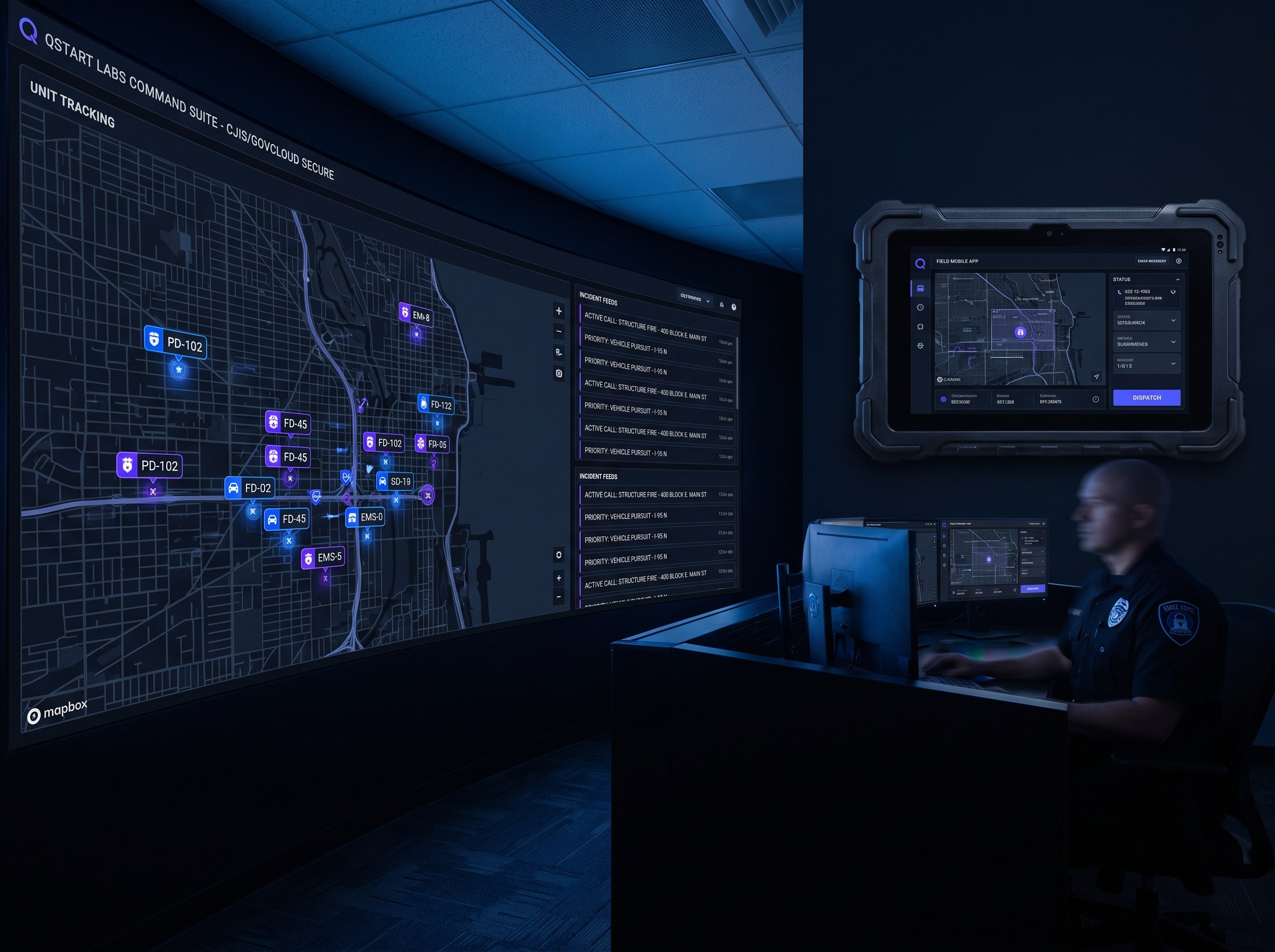 Public-safety command center: a large situational-awareness dashboard with a live map, unit tracking, and incident feeds, beside a rugged field mobile app. CJIS/GovCloud seriousness, authoritative, brand-blue accents on dark.