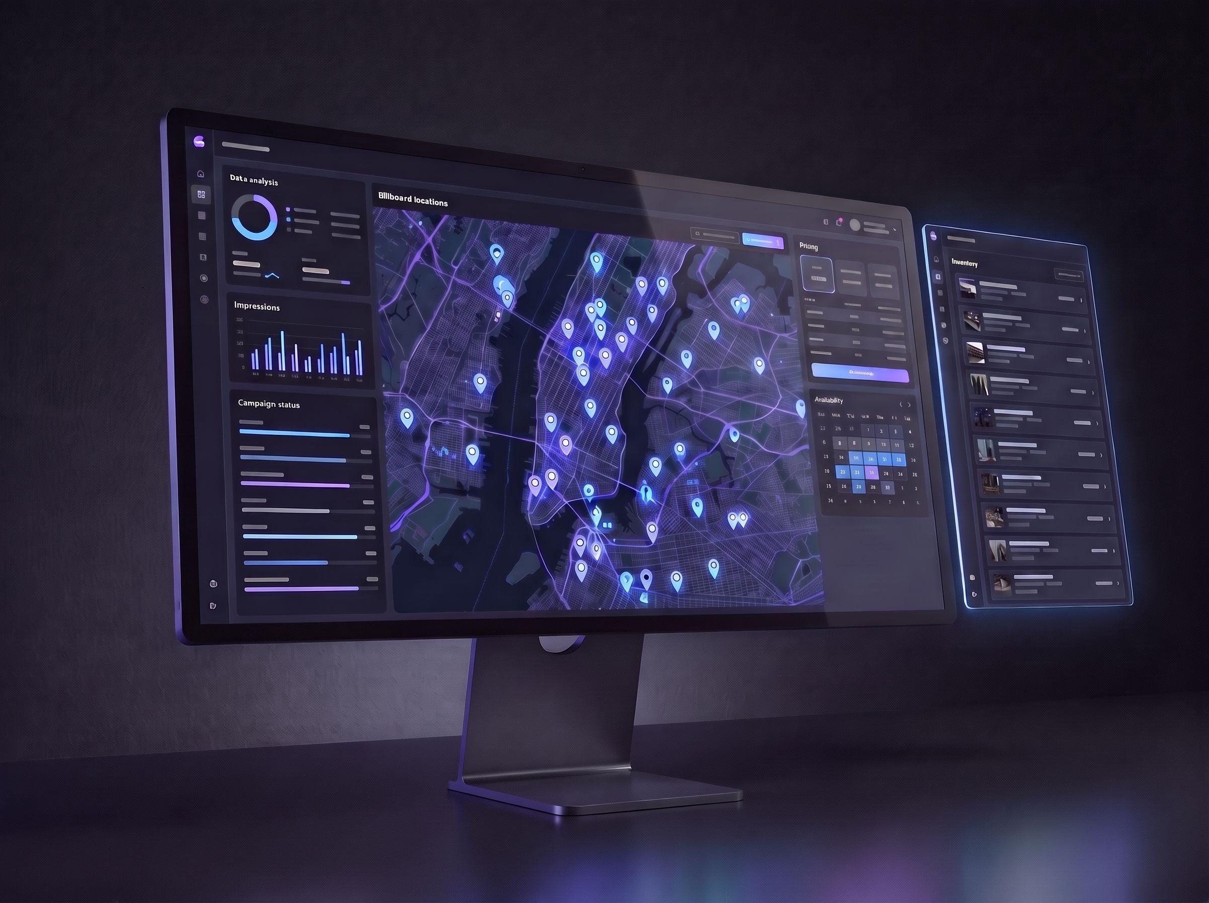 Out-of-home advertising marketplace platform: a web dashboard showing billboard inventory on a map with campaign and pricing panels, conveying a two-sided marketplace at scale. Confident SaaS aesthetic, brand-blue accents on dark background.