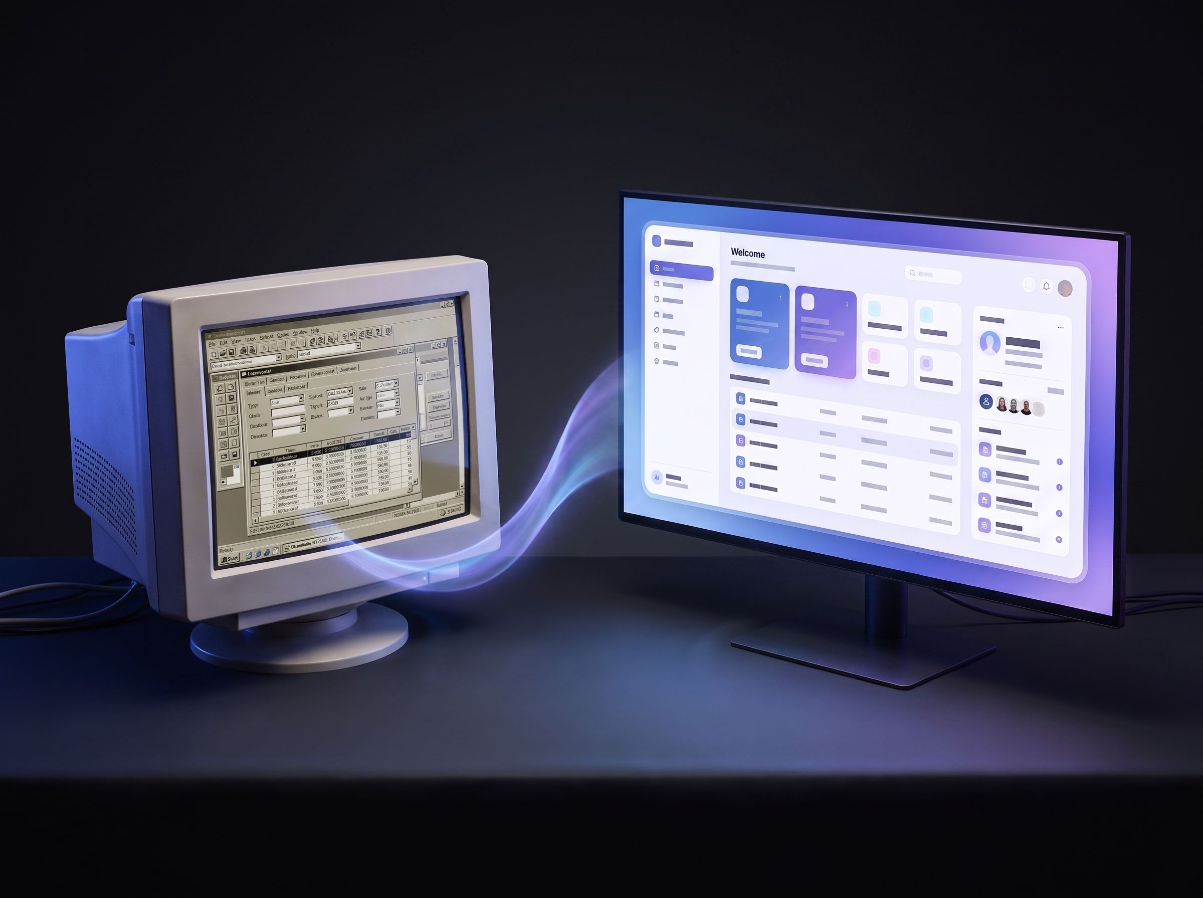 Before/after software modernization concept: a cluttered legacy admin interface transforming into a clean, modern self-service CMS on a large monitor, conveying reduced operational load. Professional, brand-blue accents on dark background.