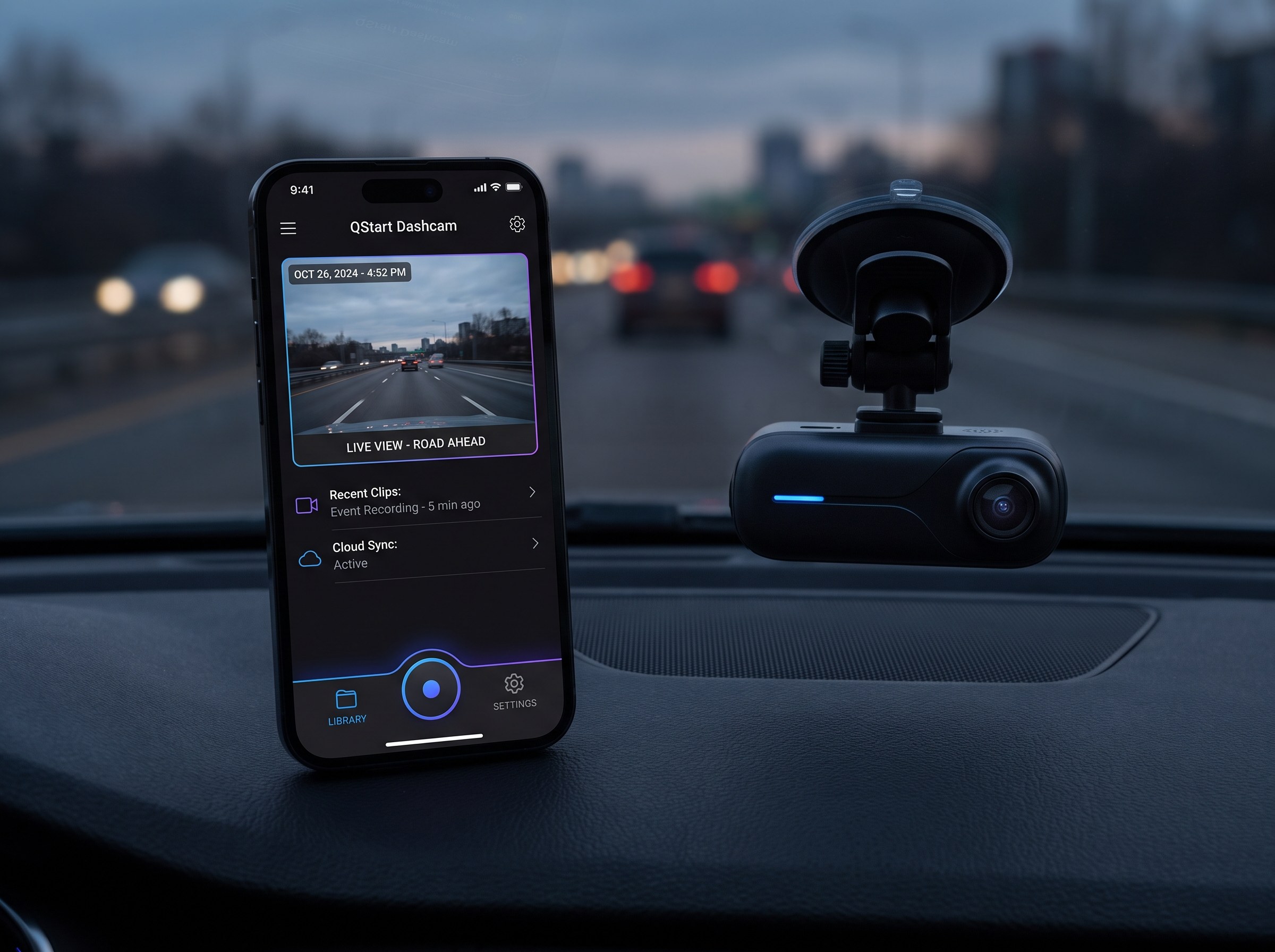 Custom-branded dashcam mobile app: a phone screen showing live camera feed and video management, beside a dashcam device. Automotive/road-safety feel, clean UI, brand-blue accents on dark background.