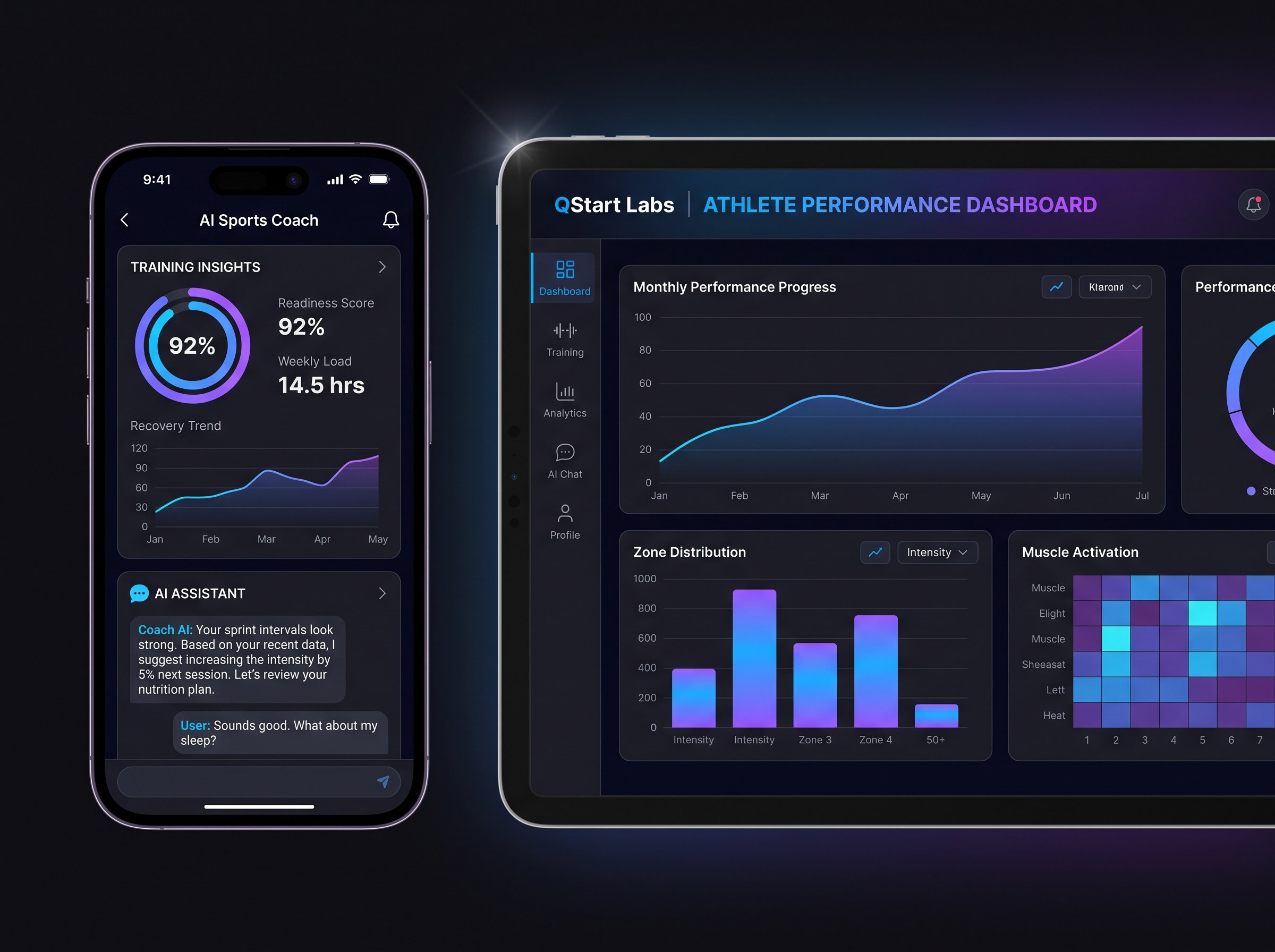 AI sports-coaching platform: a mobile app screen showing an athlete's training insights and an AI assistant chat, beside a web dashboard with performance charts. Energetic but clean, brand-blue accents, dark background.
